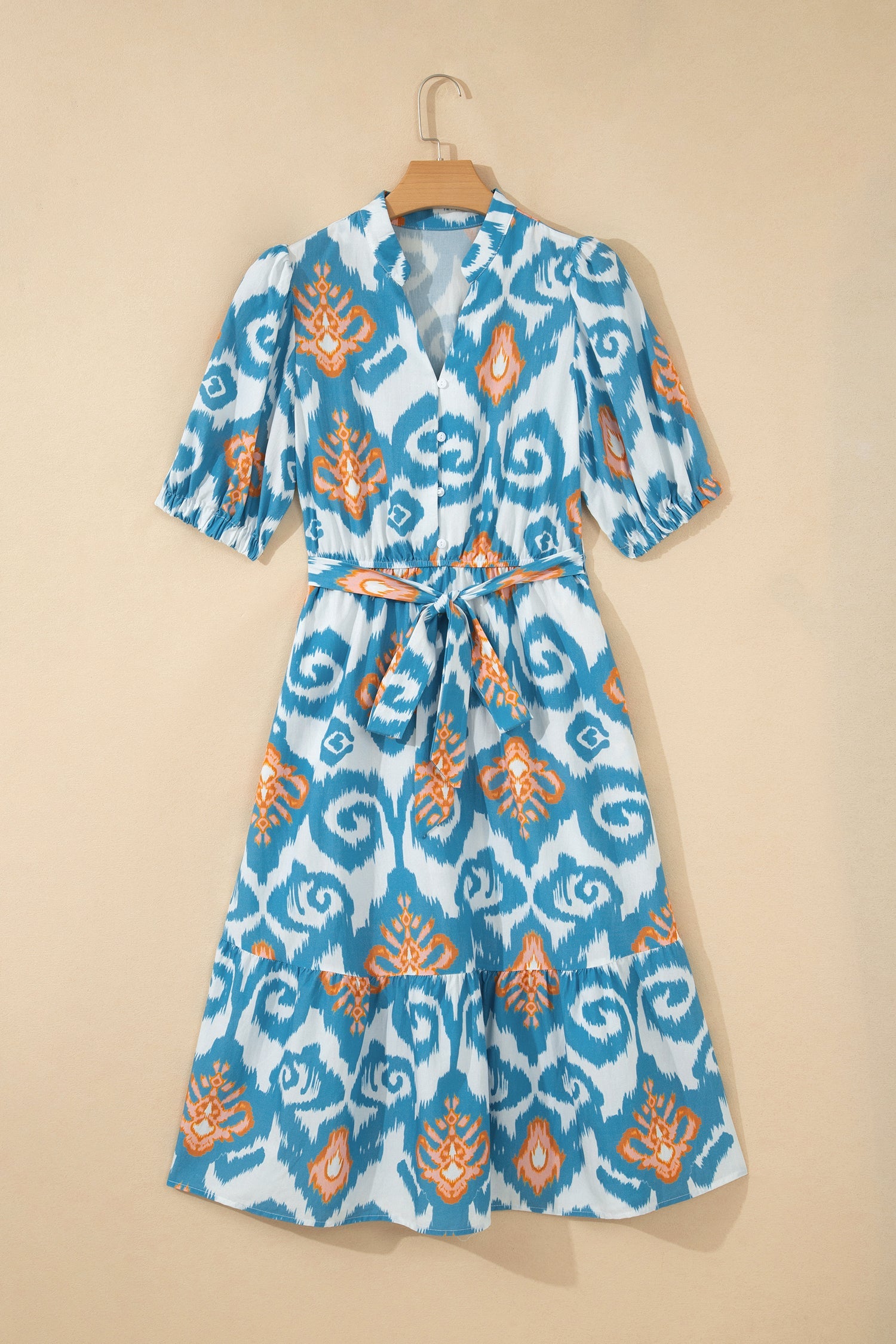 Floral Boho Puff Sleeve Ruffle Hem Midi Dress
