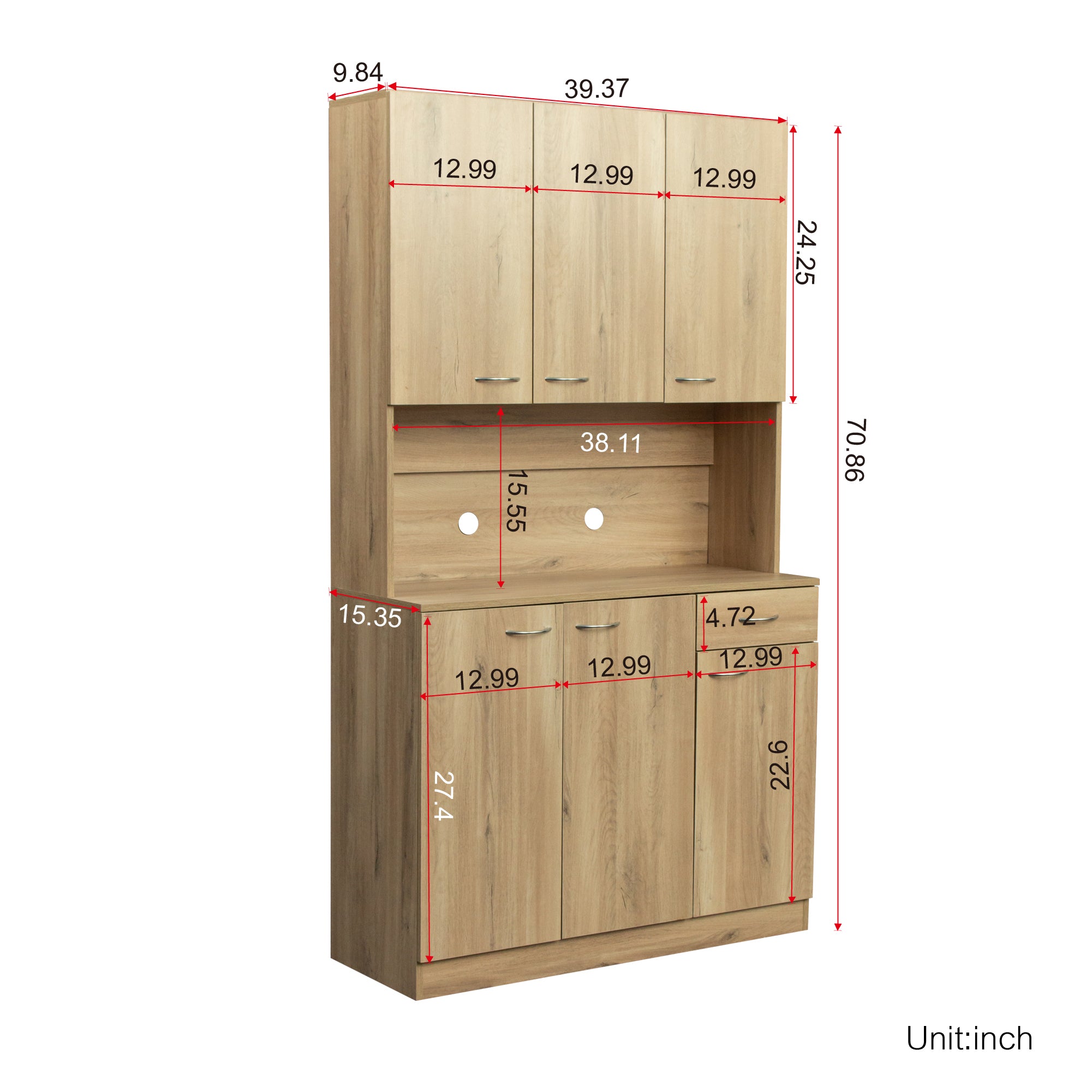 70.87' Tall Wardrobe& Kitchen Cabinet, with 6-Doors, 1-Open Shelves and 1-Drawer for bedroom,Rustic Oak