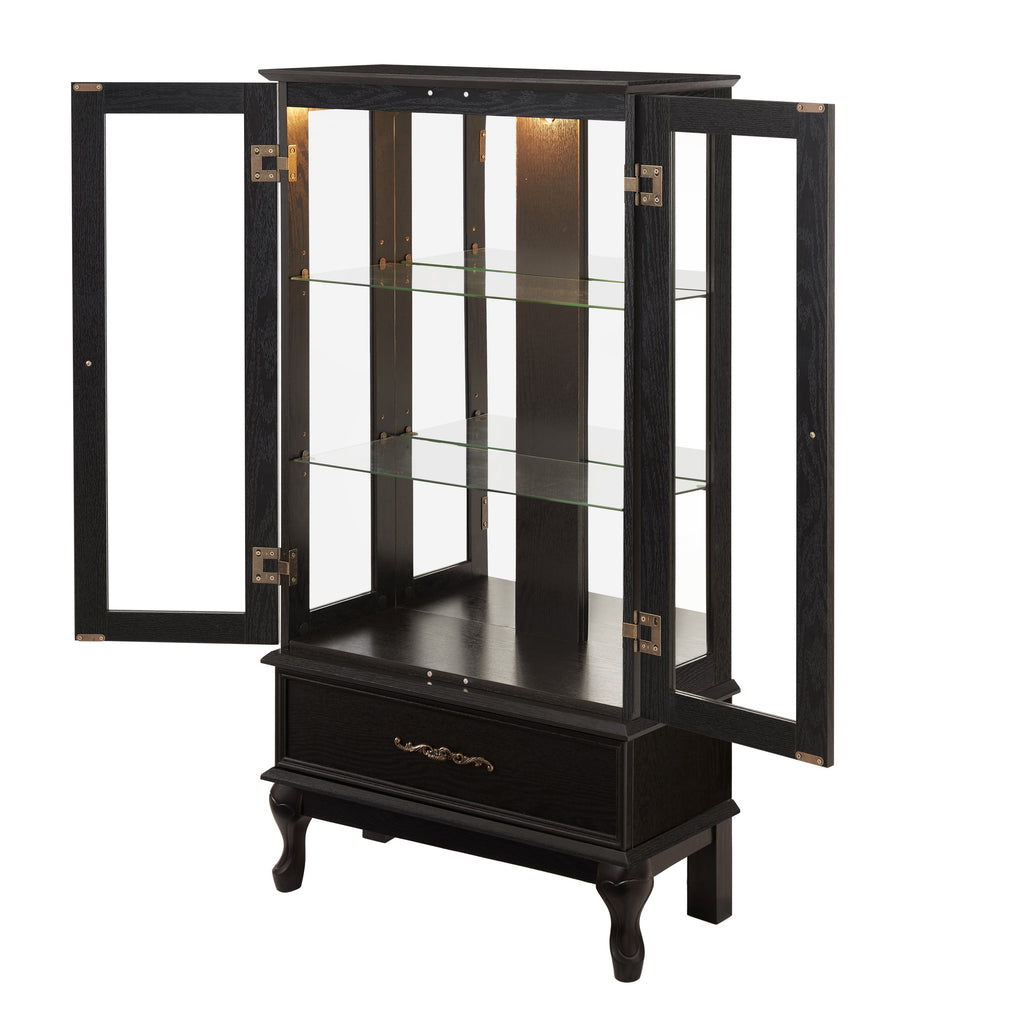 Lighted Curio Cabinet with Glass Doors and Adjustable Shelves 2 Door Wine Cabinet Display Curio Cabinet with LED Lights Light Black Finish and Drawer for Home Decor and Storage