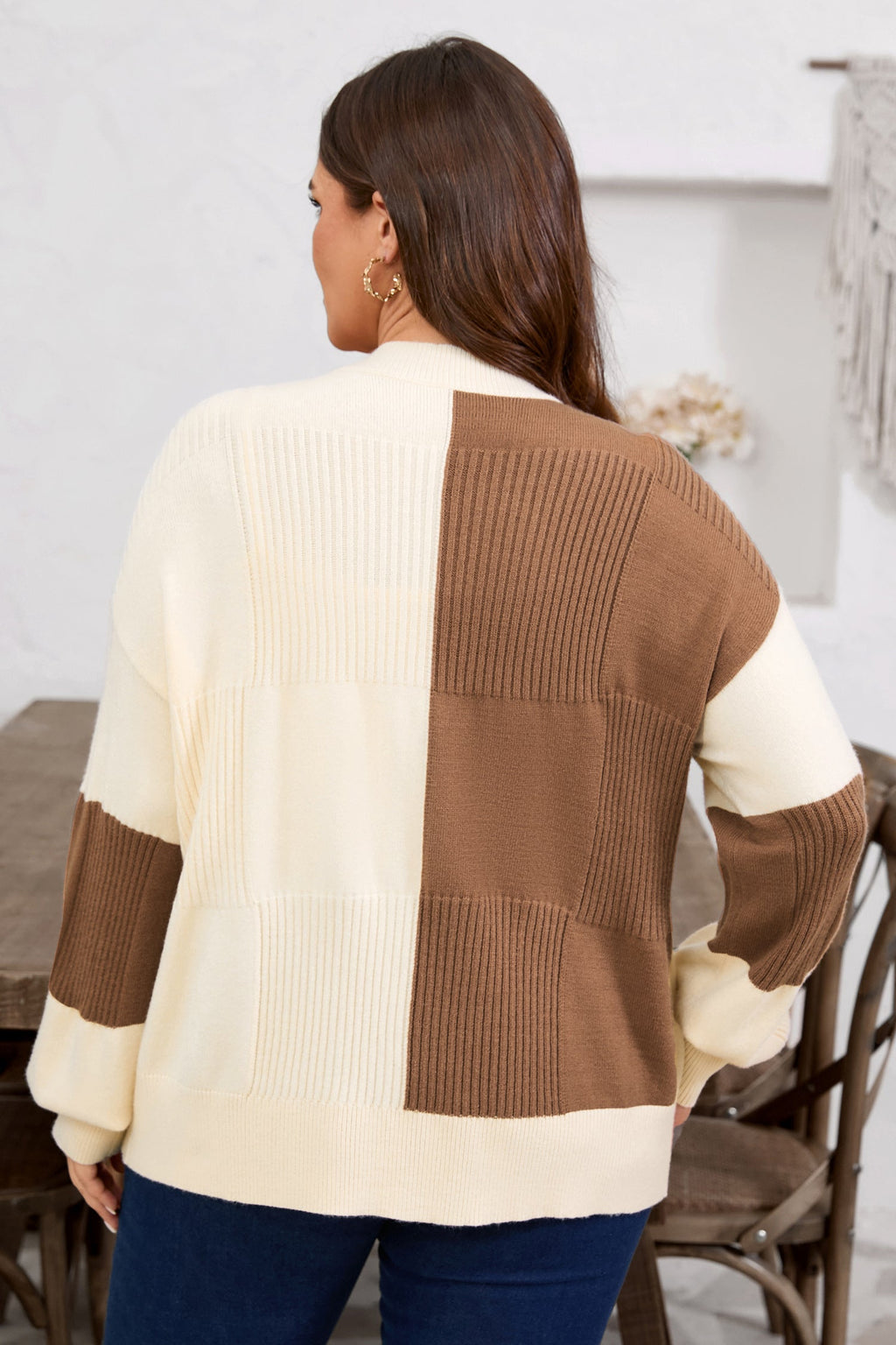 Plus Size Checker Ribbed Knit Buttoned V-Neck Cardigan