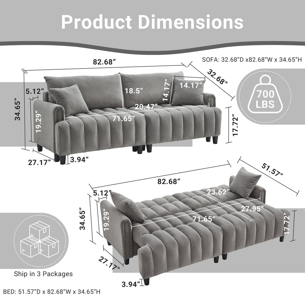 83'' Futon Sofa Bed, Polyester Fabric Comfy Futon Couch Bed with 2 Square Pillows, Convertible Sleeper Sofa with Adjustable Backrest,  Modern Loveseat Sleeper for Living Room, Gray