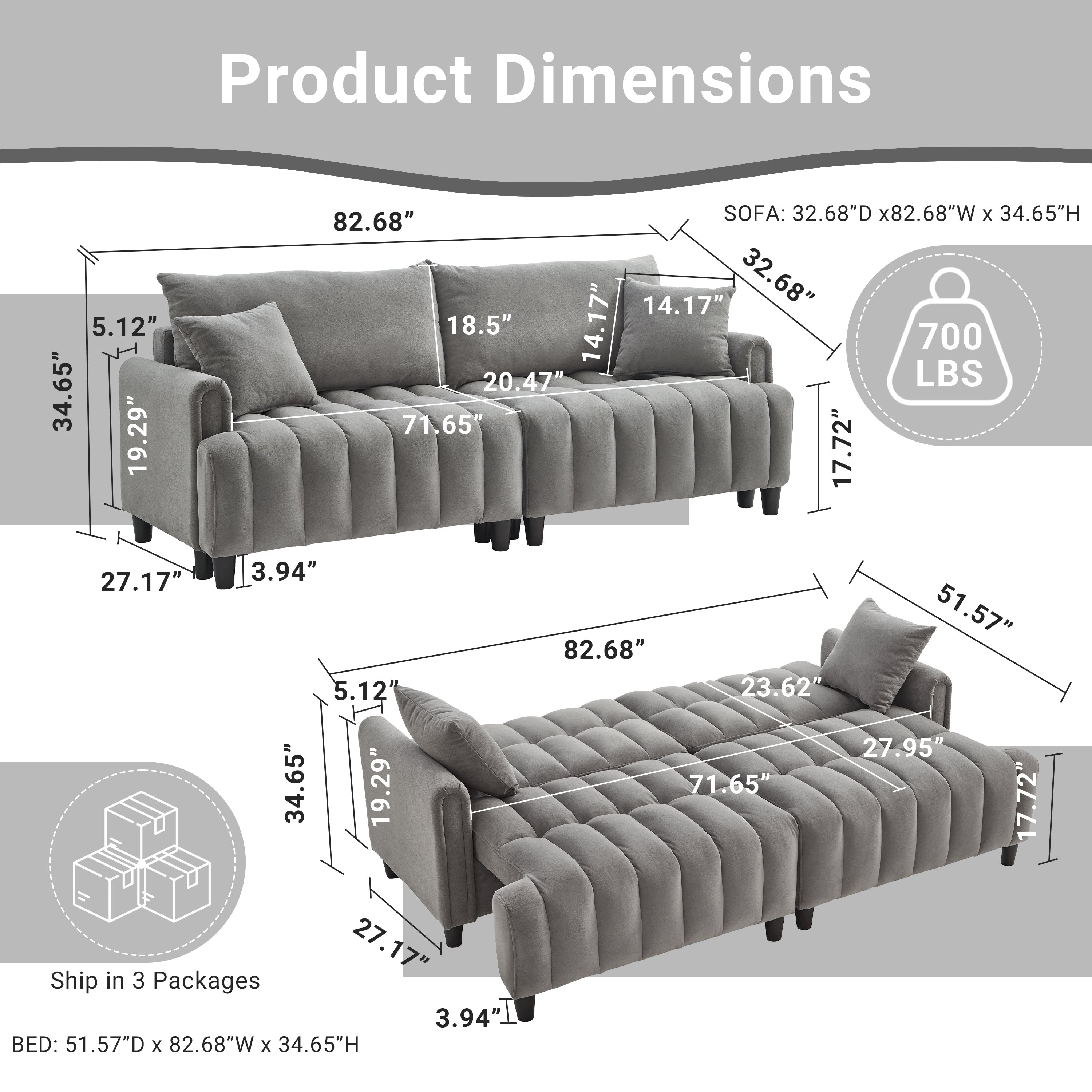 83'' Futon Sofa Bed, Polyester Fabric Comfy Futon Couch Bed with 2 Square Pillows, Convertible Sleeper Sofa with Adjustable Backrest,  Modern Loveseat Sleeper for Living Room, Gray