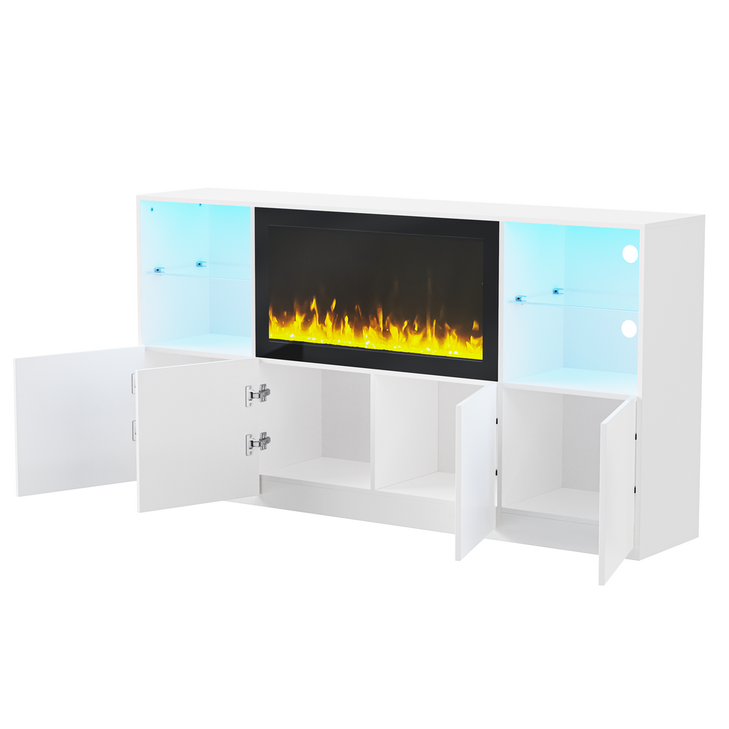 ON-TREND High Gloss TV Stand with 34.2' Non-heating Electric Fireplace, Modern Entertainment Center with LED Light, Media Console with Tempered Glass Shelves for TVs up to 75', Living Room, White