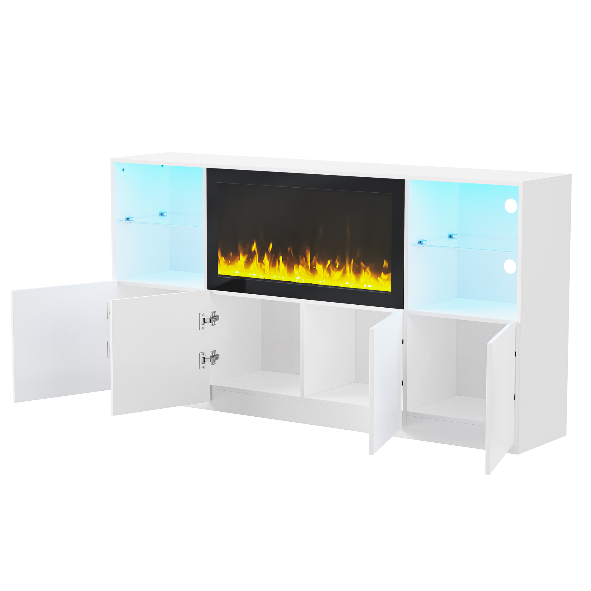 ON-TREND High Gloss TV Stand with 34.2' Non-heating Electric Fireplace, Modern Entertainment Center with LED Light, Media Console with Tempered Glass Shelves for TVs up to 75', Living Room, White