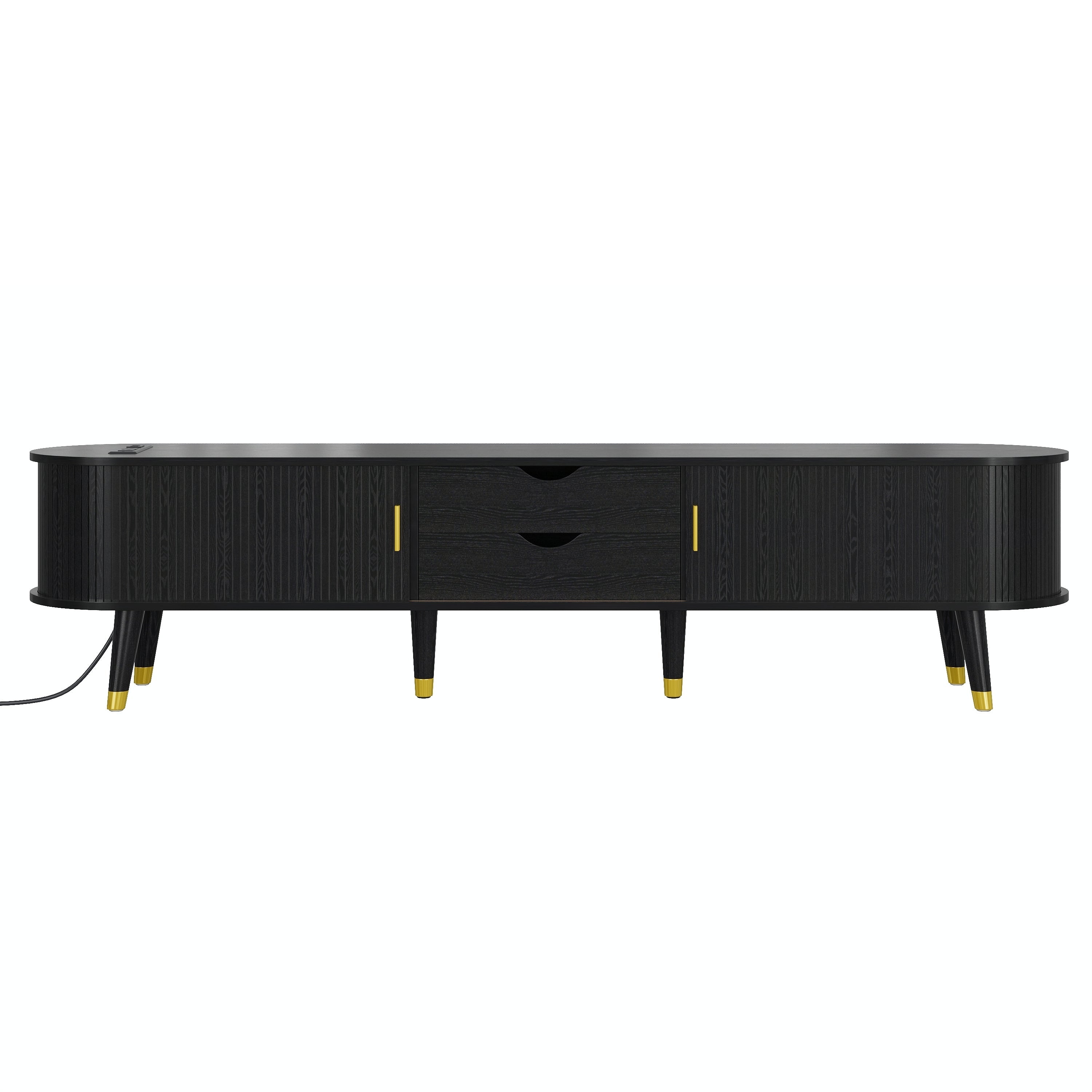 [Assembly Video]Wooden Oval Fluted TV Stand with Charging Station for TV up to 80', Mid-Century Media Console with Sliding Tambour Door, Farmhouse TV Cabinet with Golden Handle for Living Room, Black