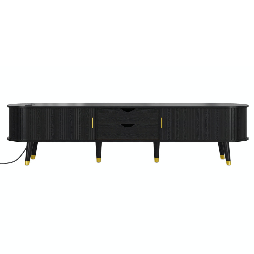 Wooden Farmhouse TV Stand & Coffee Table Set with Charging Station, Oval Fluted Media Console with Sliding Doors for TVs up to 80', Mid-Century Center Table with Solid Wood Legs for Living Room,Black