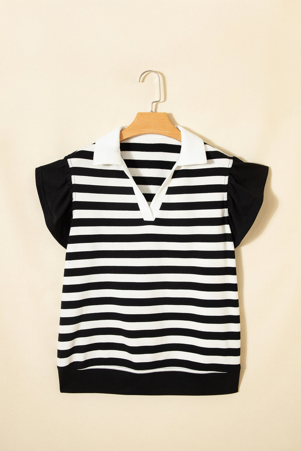 Stripe Collar V-Neck Ruffle Short Sleeve Blouse