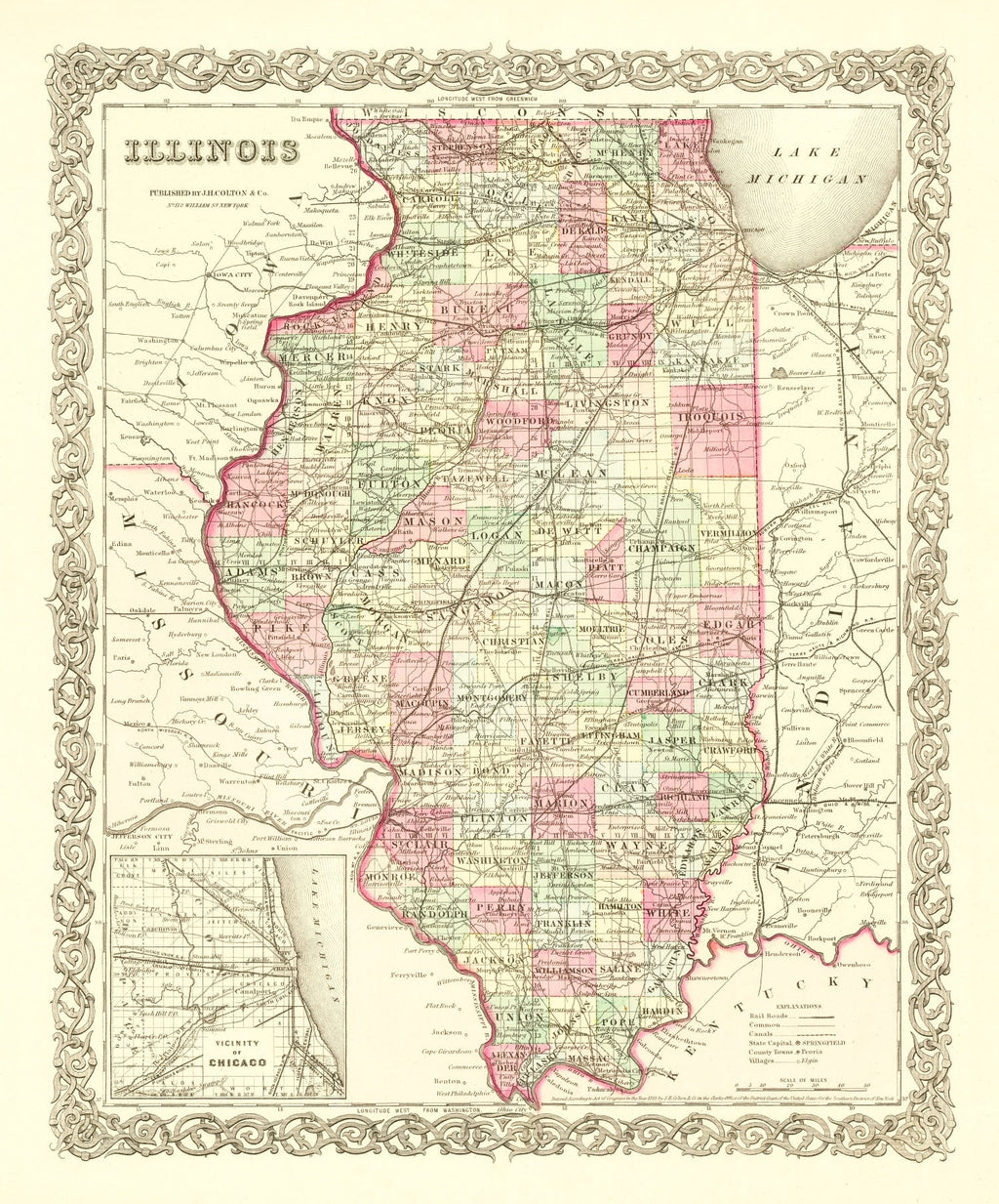 Vintage Map of Illinois 1855
