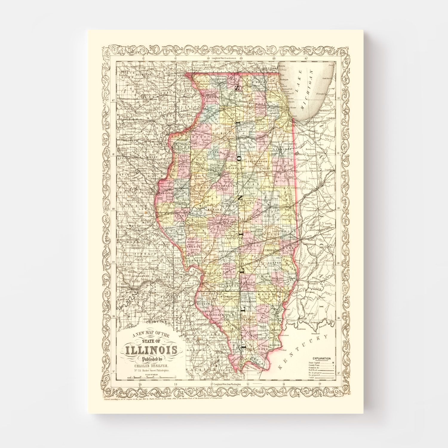 Vintage Map of Illinois 1857