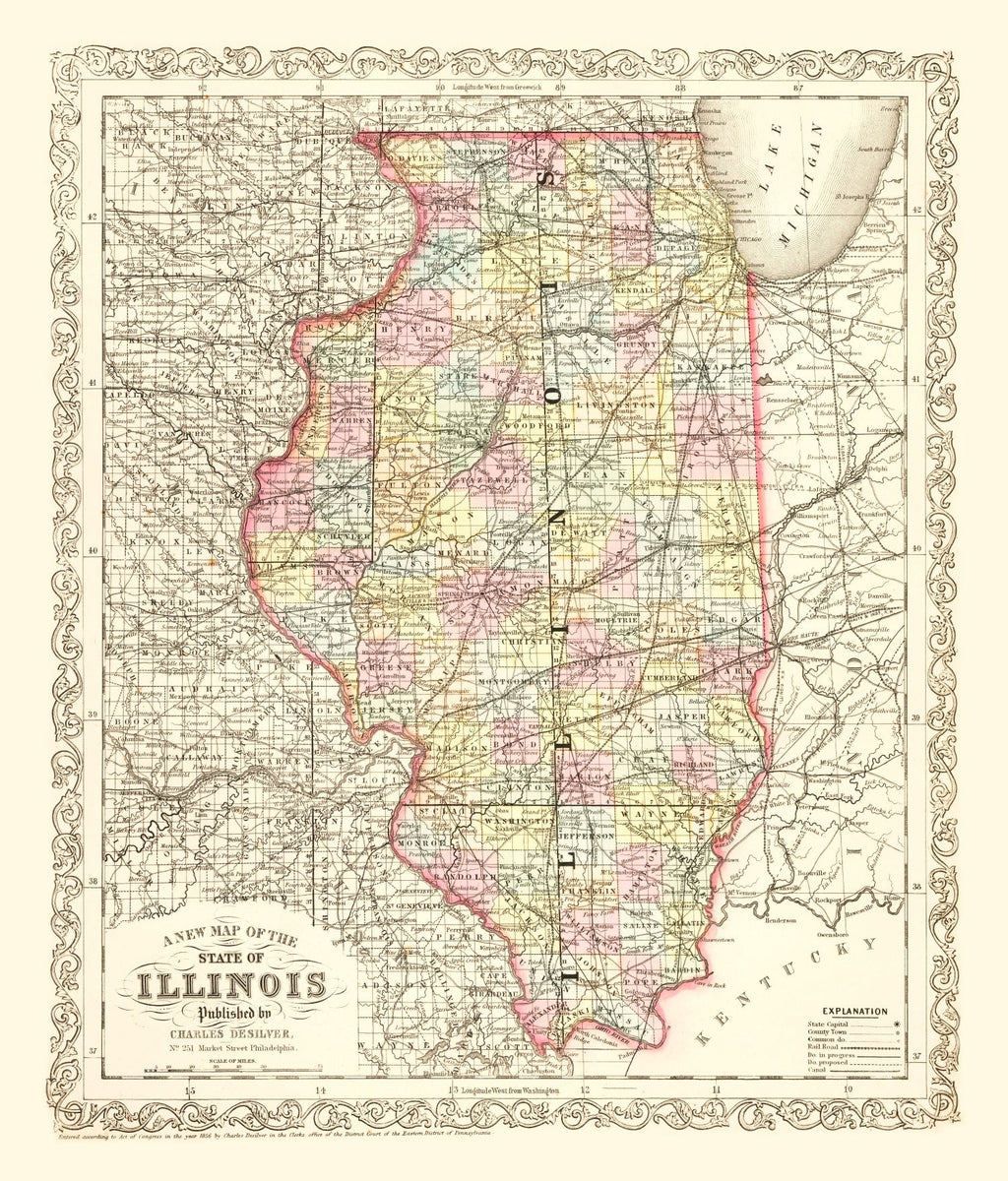 Vintage Map of Illinois 1857