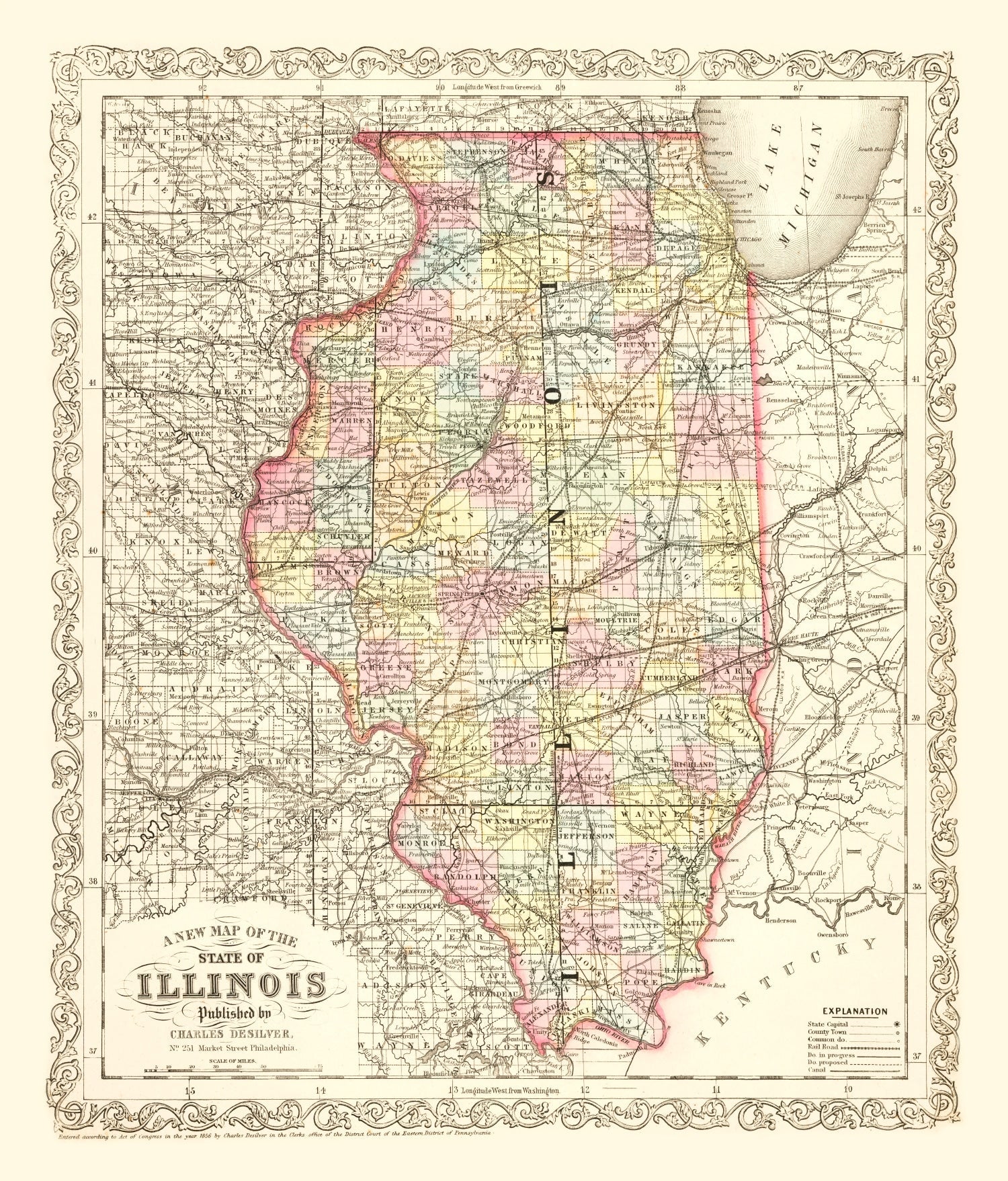 Vintage Map of Illinois 1857