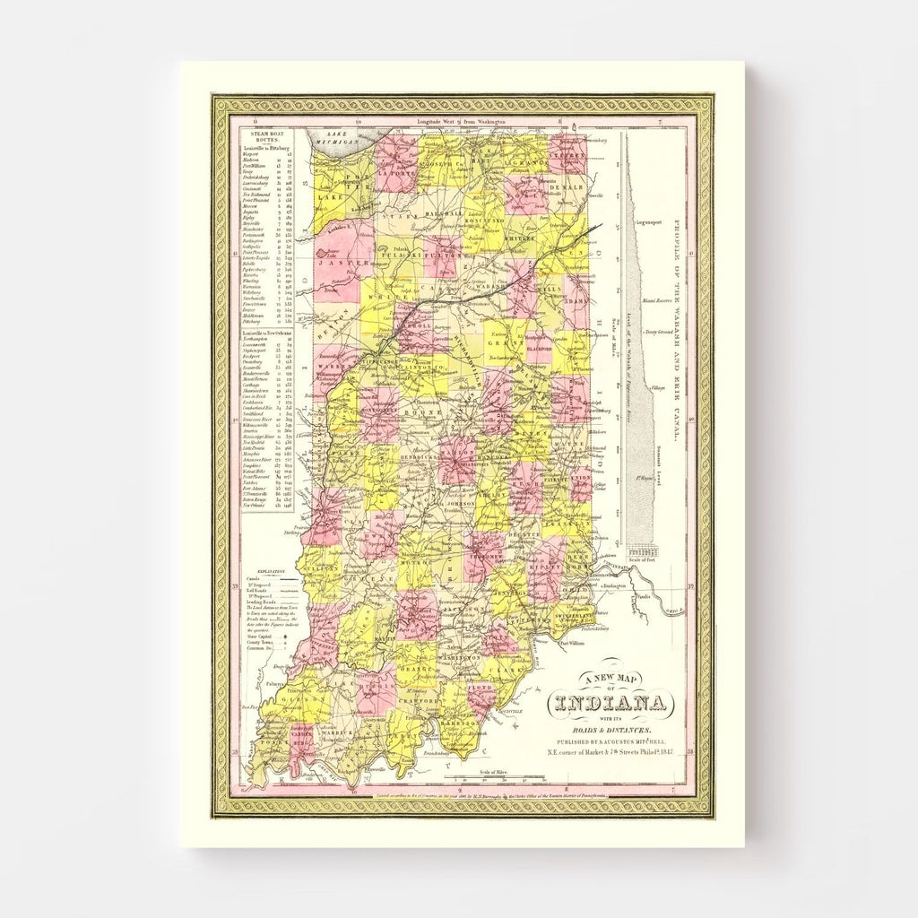 Vintage Map of Indiana 1847