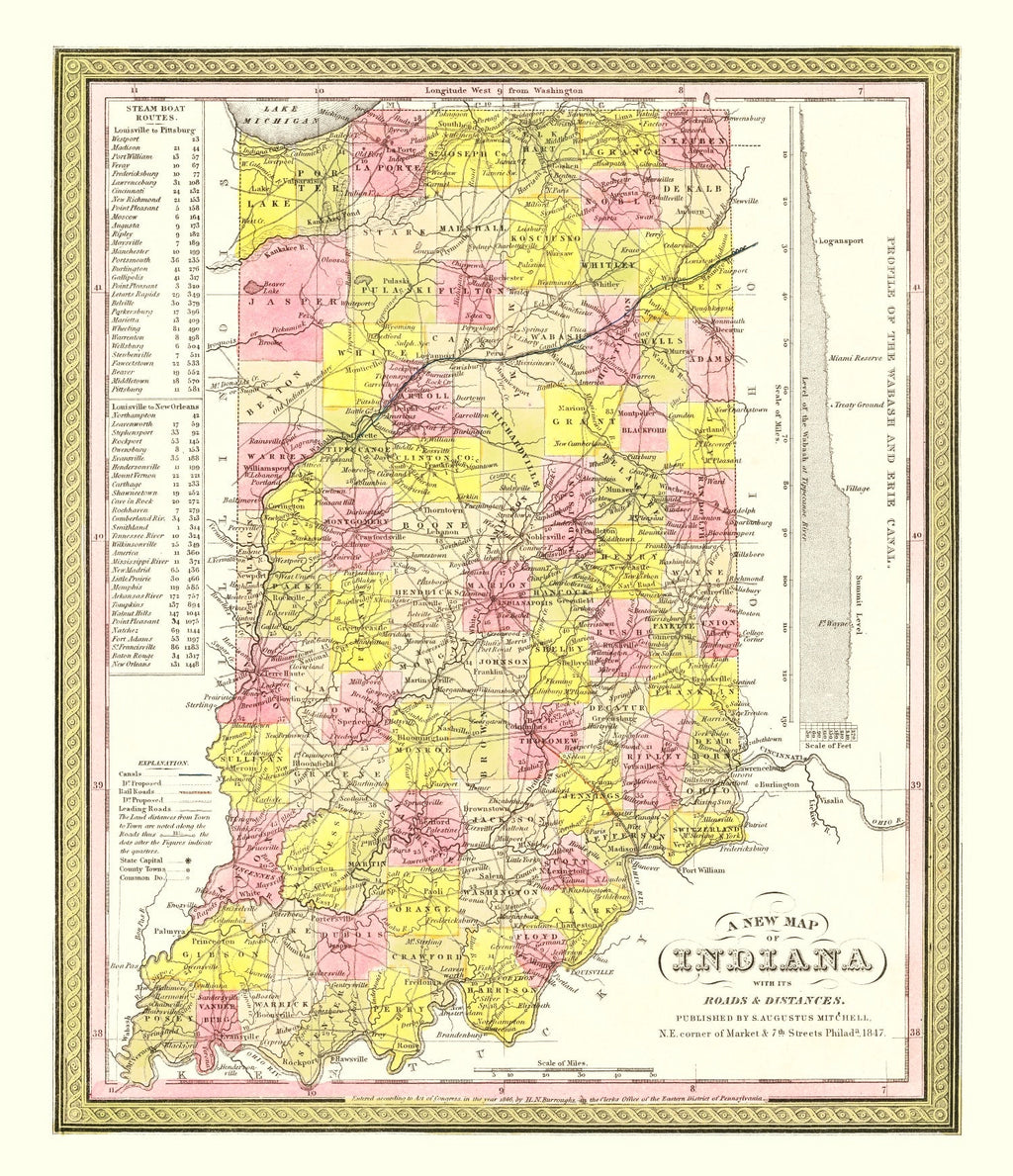 Vintage Map of Indiana 1847