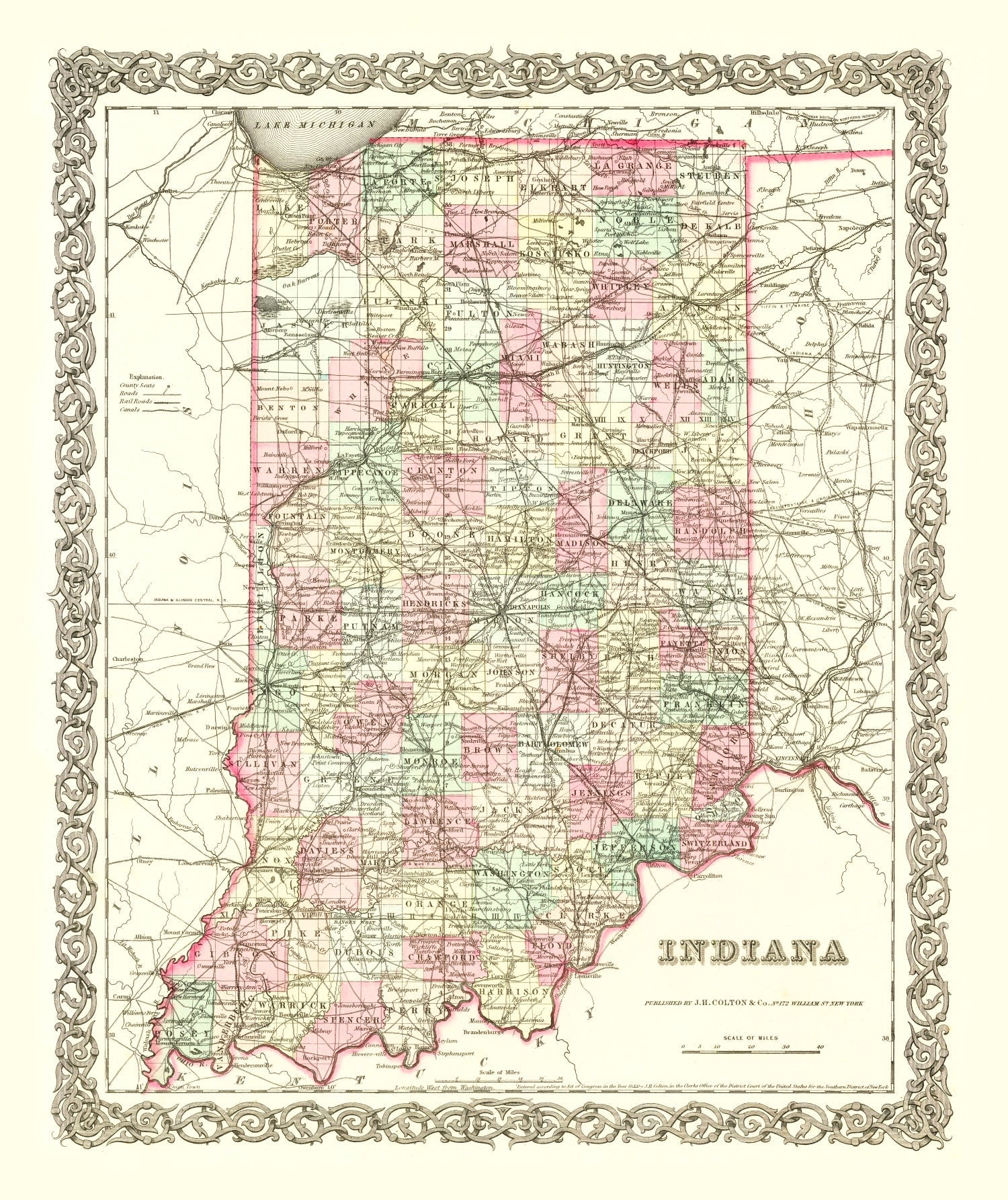 Vintage Map of Indiana 1855