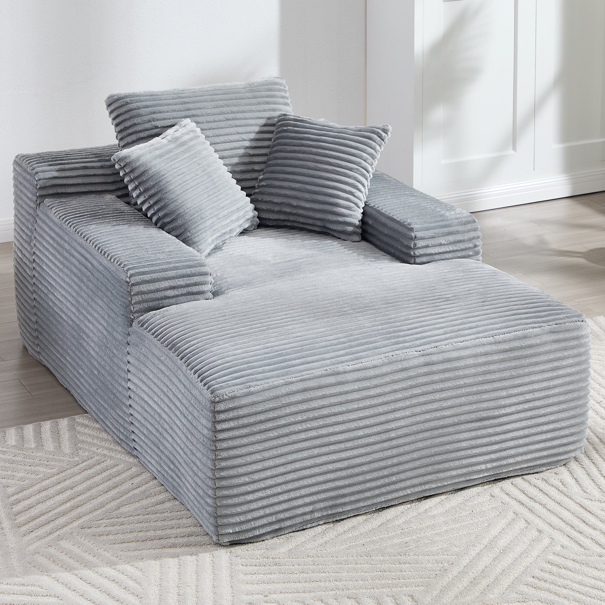 67' Chaise Lounge Chair 9.9'' Wide Armrest Indoor Corduroy Oversized Sleeper Sofa for Living Room Deep Seat Lounge and Three Soft Pillows Convertible Boneless Sofa Bed, Grey, No Assembly Required