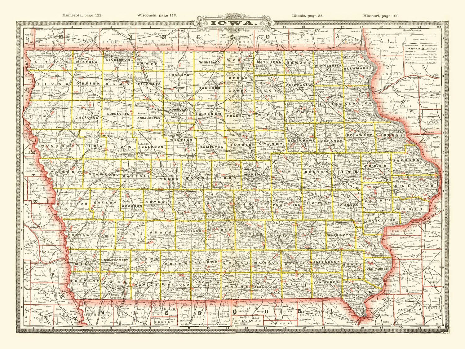 Vintage Map of Iowa 1888