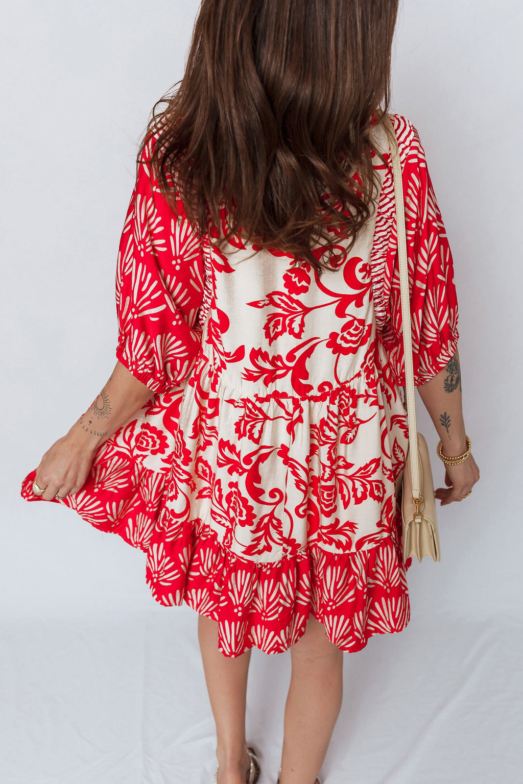 Flower V-Neck Half Sleeve Collar Mini Dress