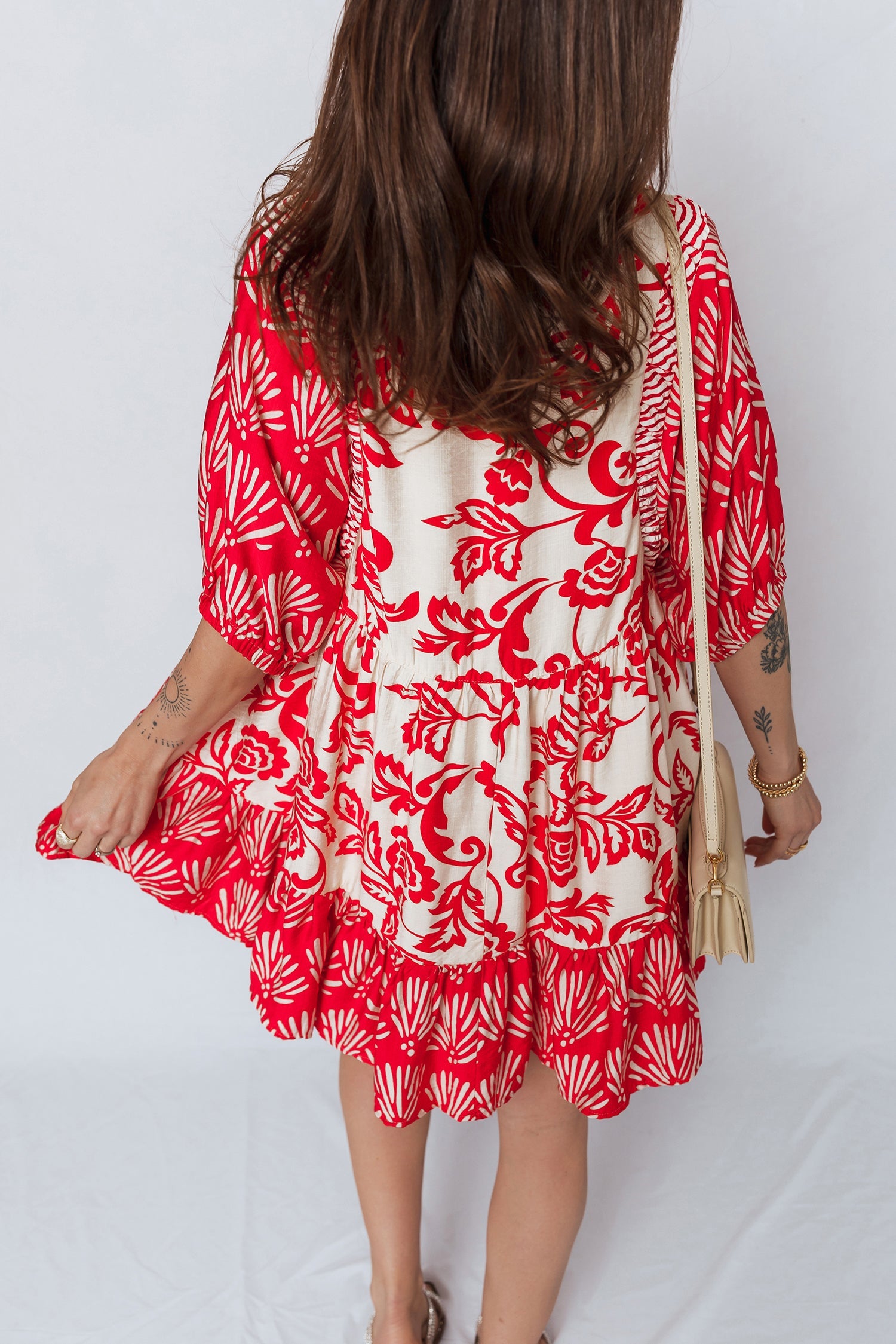 Flower V-Neck Half Sleeve Collar Mini Dress