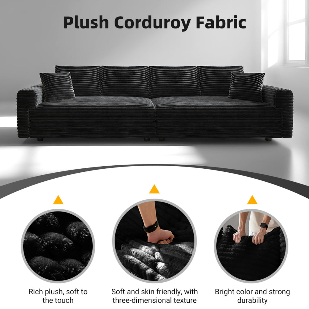 104.3 ' Plush Corduroy 4-Seat Sofa, Modern Comfy Upholstered Sofa Cloud Couch, Deep Seat Couches with Soft Pillows and 2 Ottomans, Convertible Sofa Lounge Chair, for Living Room,Apartment,Office,Black