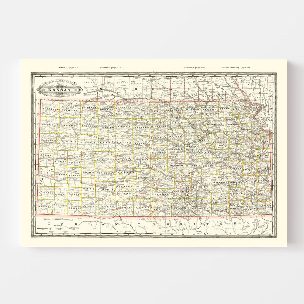 Vintage Railroad Map of Kansas 1888