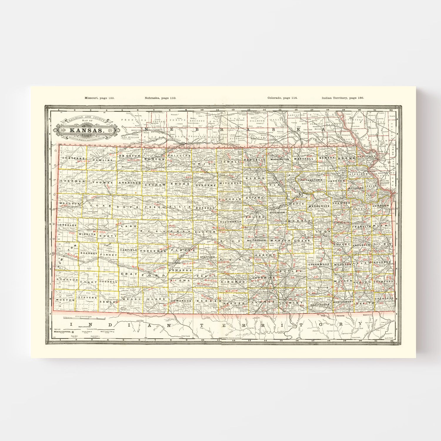 Vintage Railroad Map of Kansas 1888