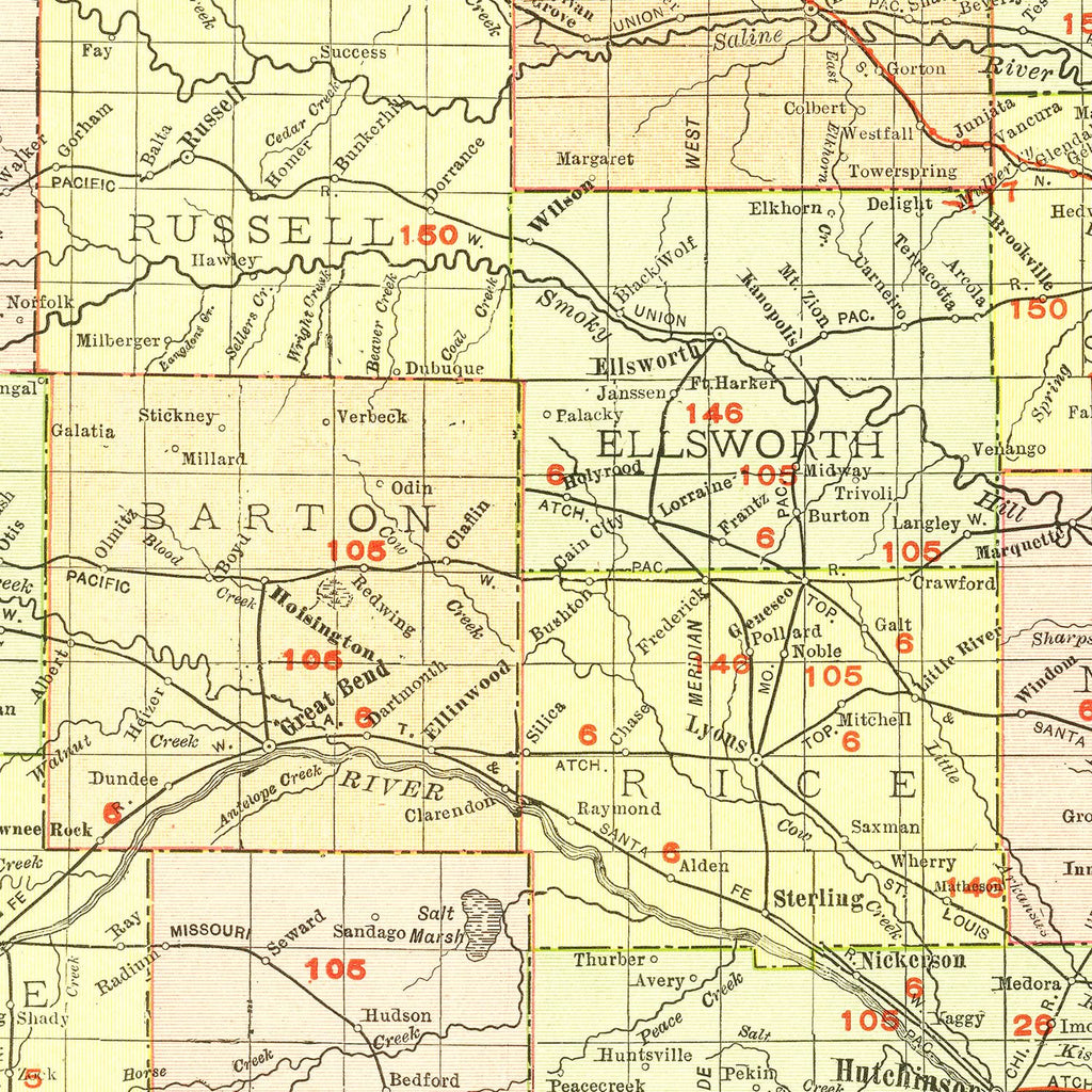 Vintage Map of Kansas 1917