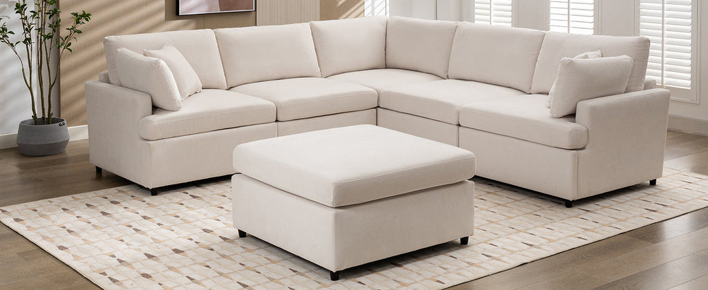 [ Video Provided]U_STYLE Upholstered Sectional Sofa with Removable Ottoman,U-Shape 6 Seat Sectional Couch,  for Living Room,,Apartment, Spacious Space
