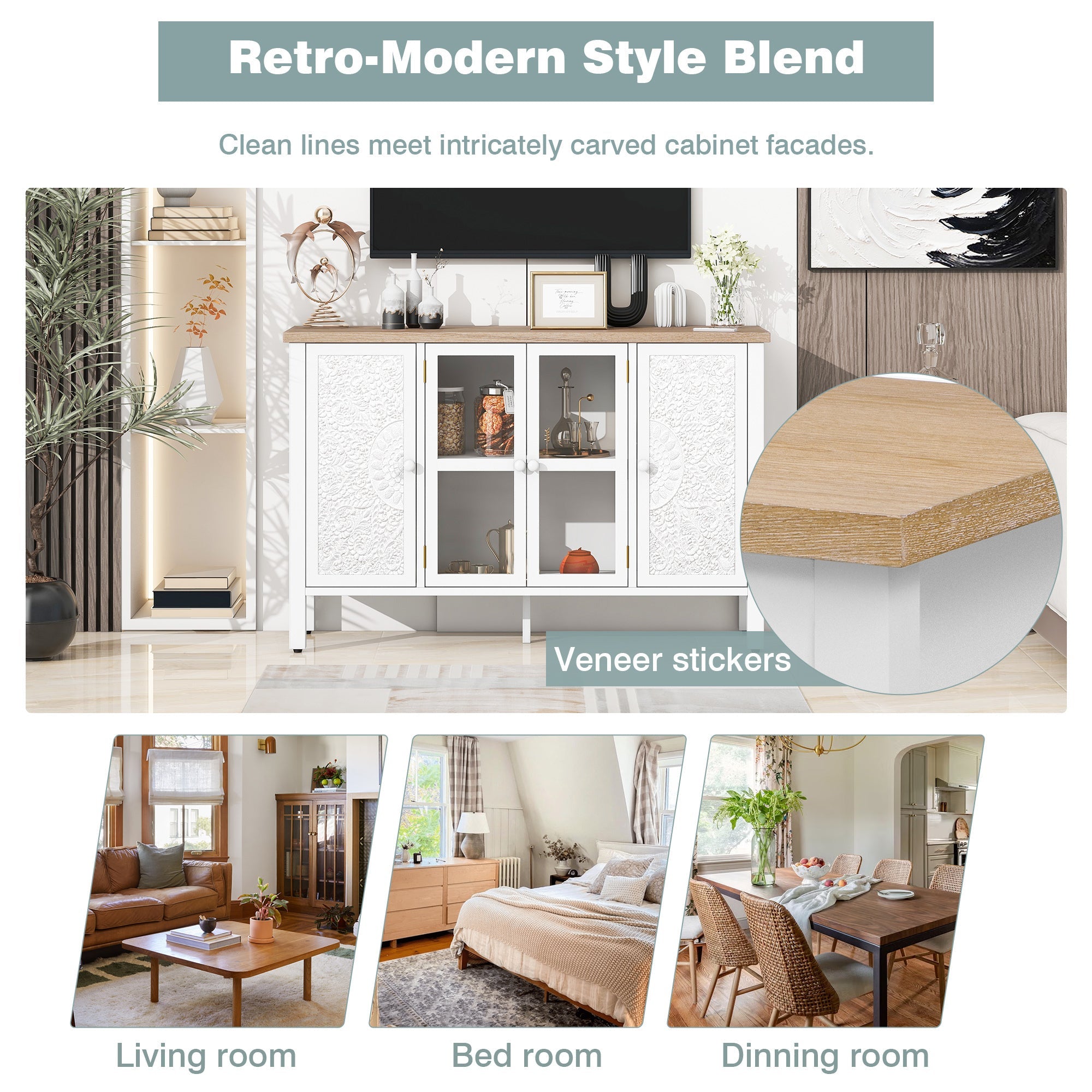 U-Can 47.2'' Retro TV Stand for TVs up to 43 Inches, Entertainment Center Media Console Cabinet with 3 Spacious Cabinets, Glass Cabinet Doors and Anti-tip Device for Living room