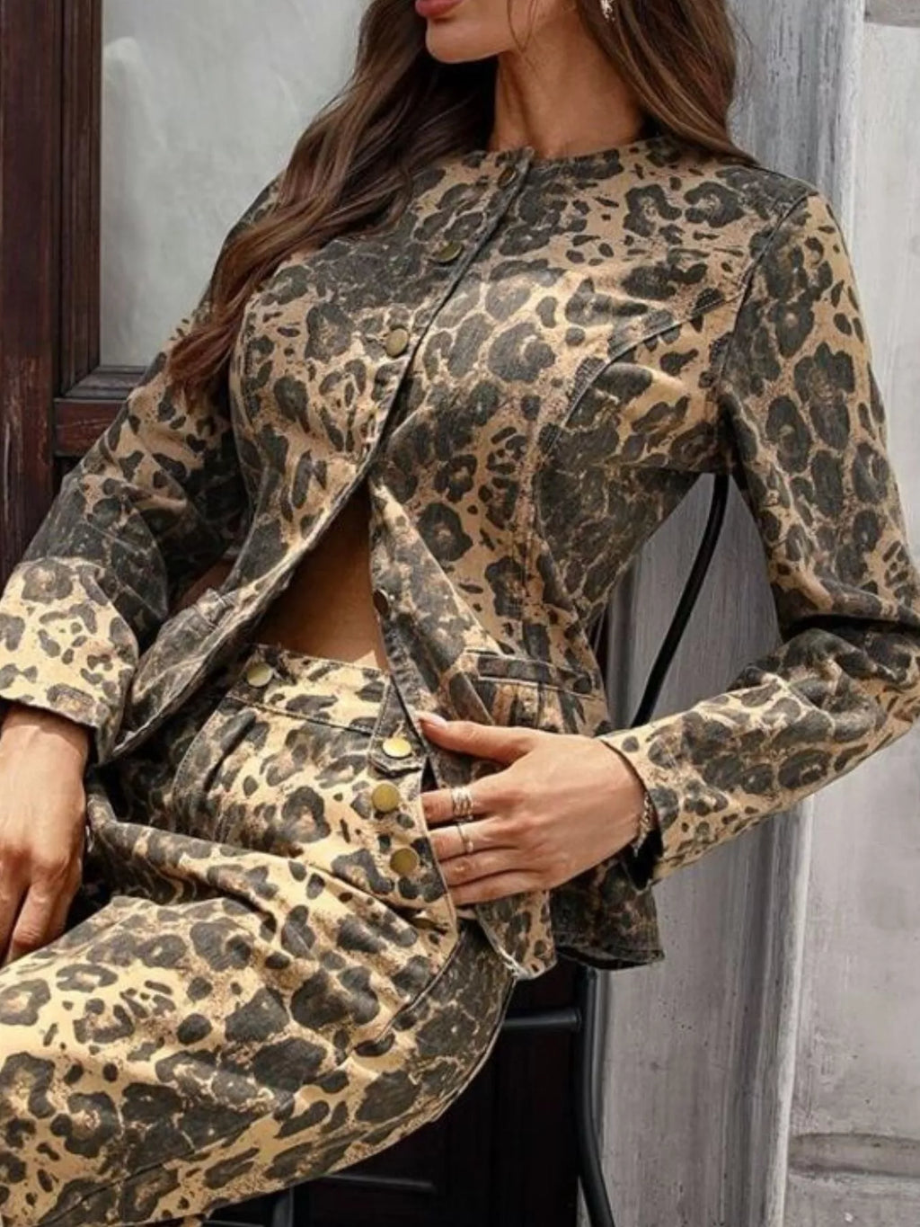 Leopard Button Up Long Sleeve Denim Shirt Slightly Stretchy
