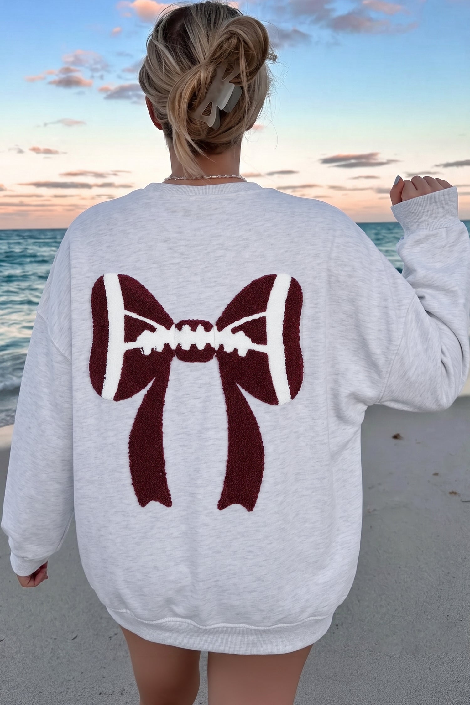 Game Day Rugby Bow Chenille Embroidered Oversized Sweatshirt