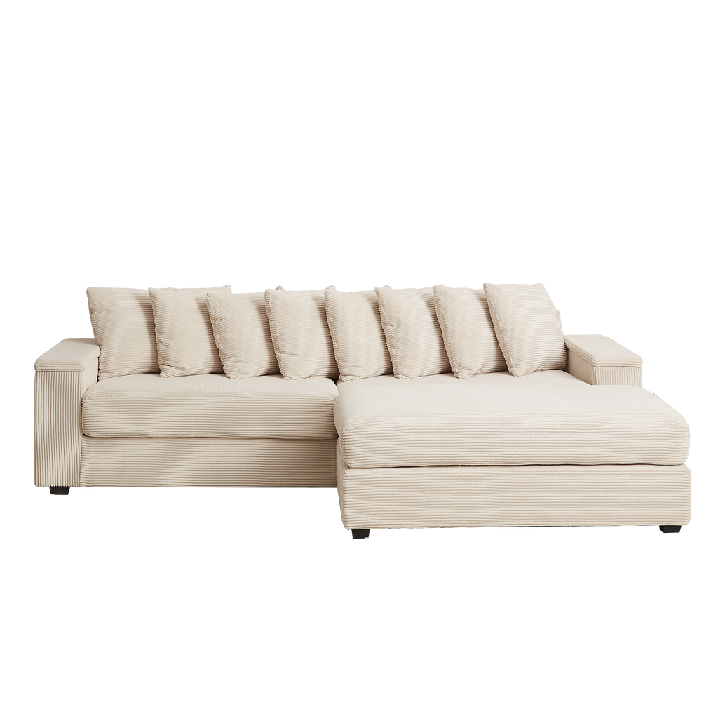 Luxe Oversized L Shaped Sofa with Chaise,Comfy Corduroy L Shaped Sectional Couches with 8 Pillows and Two Armrest storage space,Soft Fluffy Upholstered Sofa Bed for Living Room Apartment Bedroom