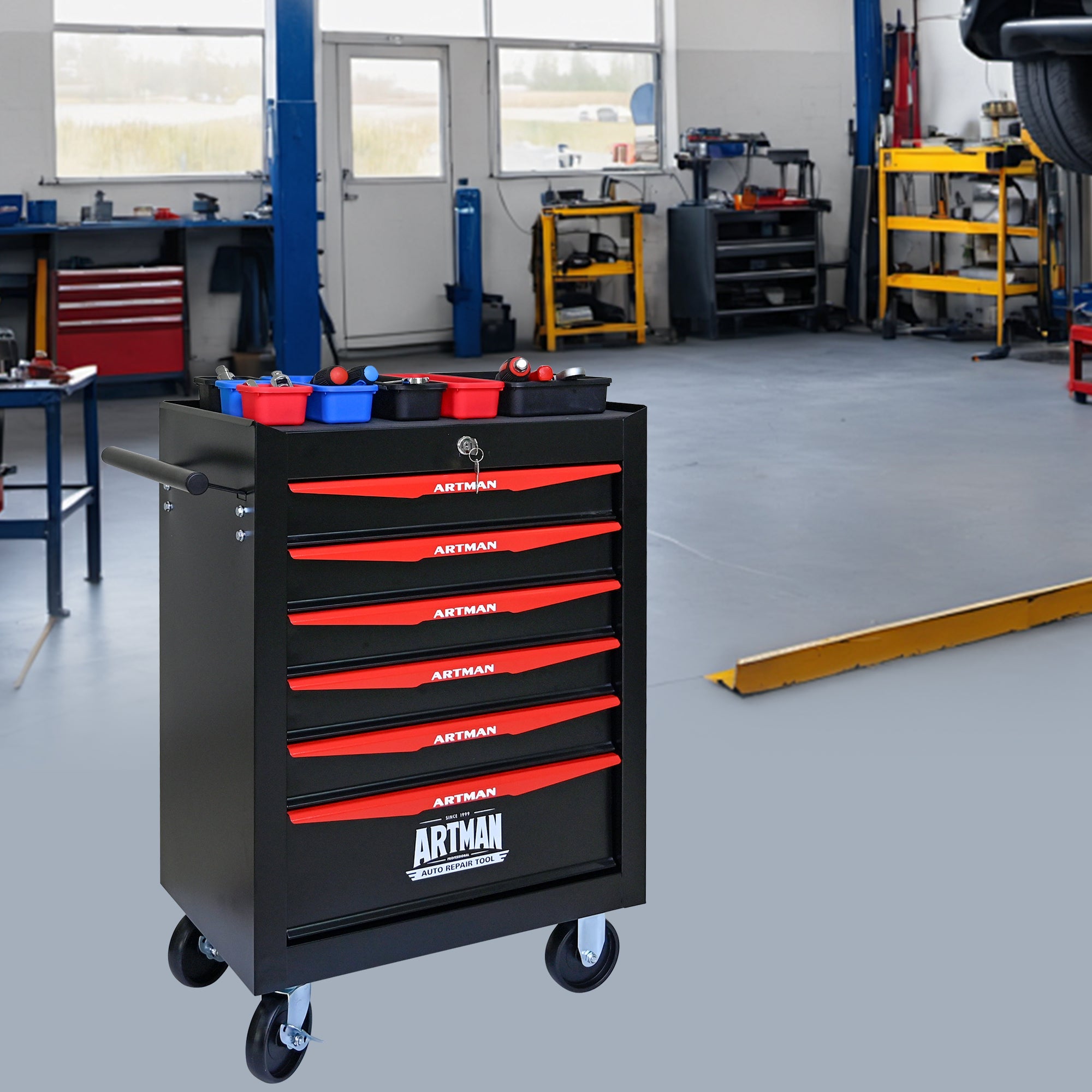 Rolling Metal Tool Chest with 6 Drawers, 20' Steel Storage Cabinet with Ball Bearing Slides, Black and Red Finish