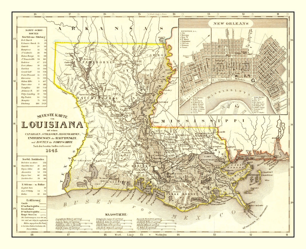 Vintage Map of Louisiana 1845