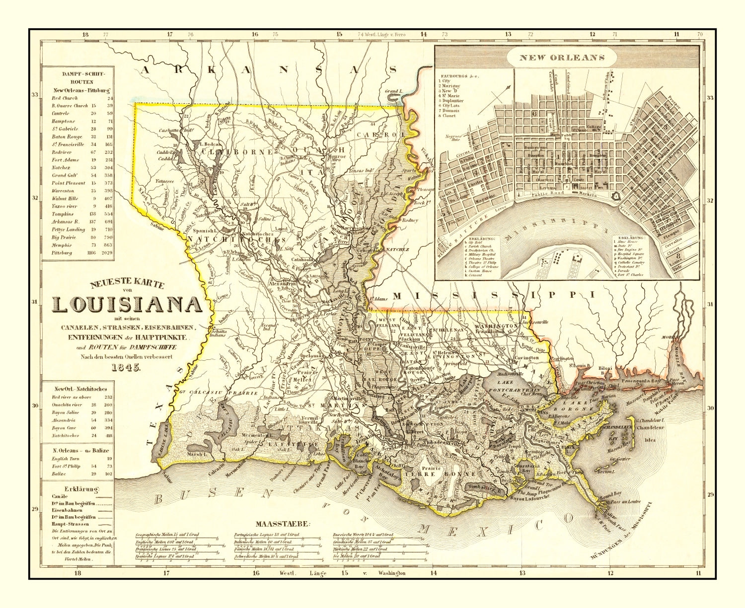 Vintage Map of Louisiana 1845