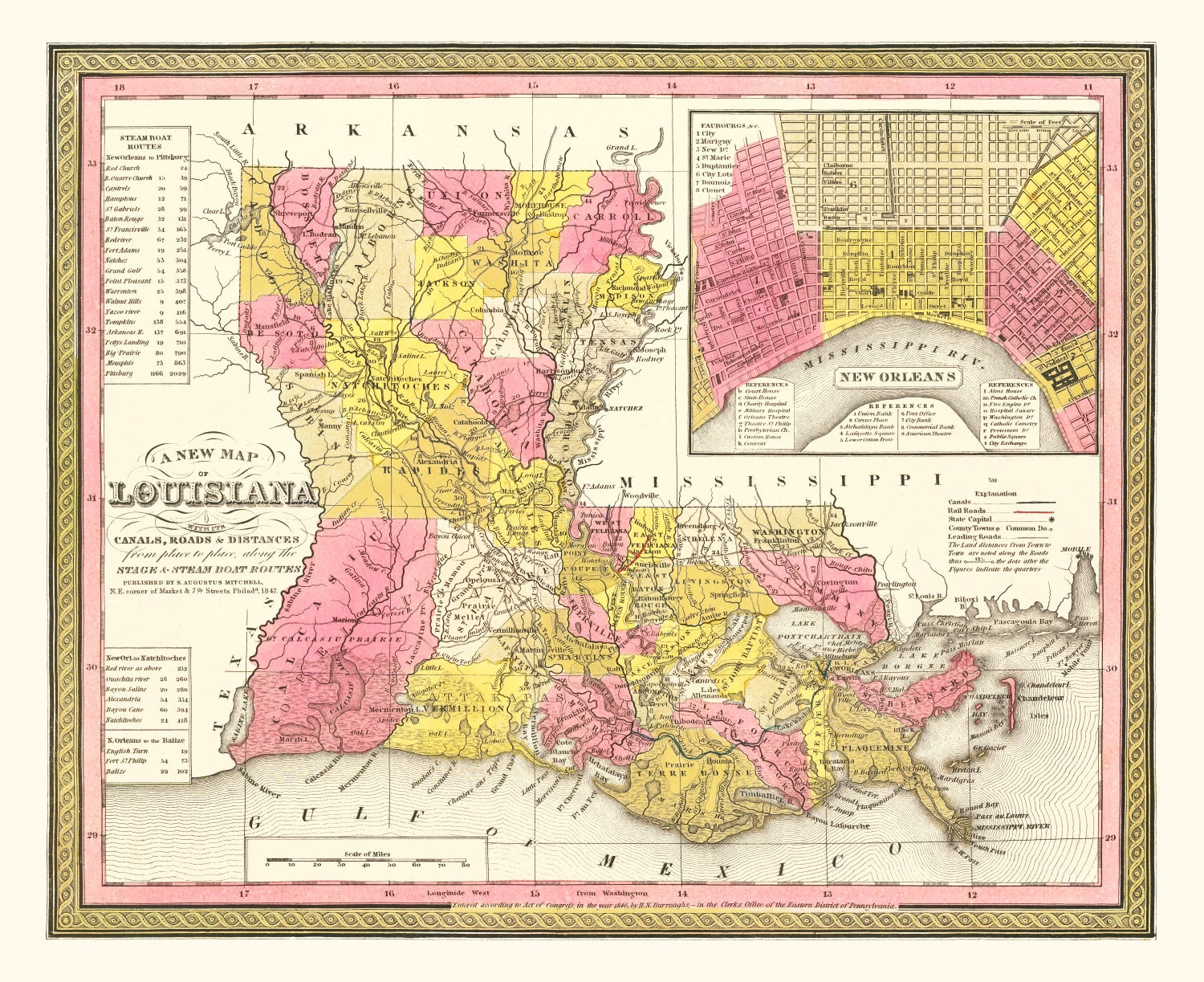 Vintage Map of Louisiana 1847