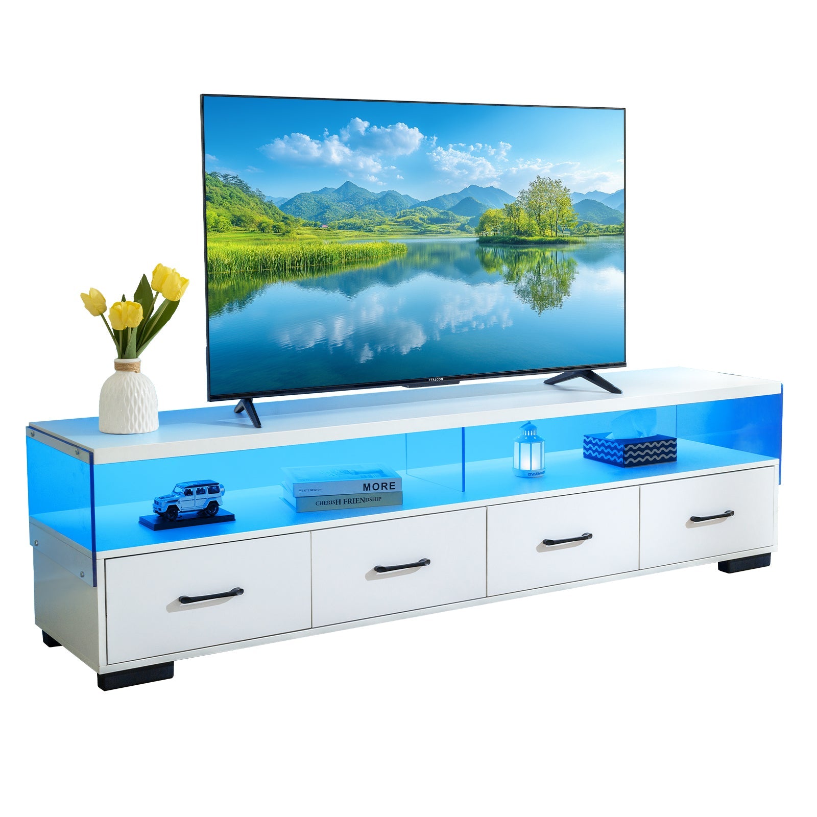 4-Drawer TV Stand for TV's up to 80' Flat Screen Cabinet Door Living Room Storage Entertainment Center, White