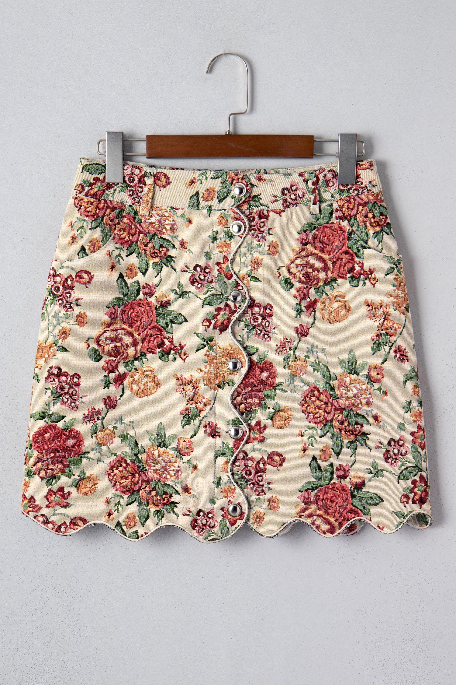 Floral Jacquard Scallop Button-Front Mini Skirt