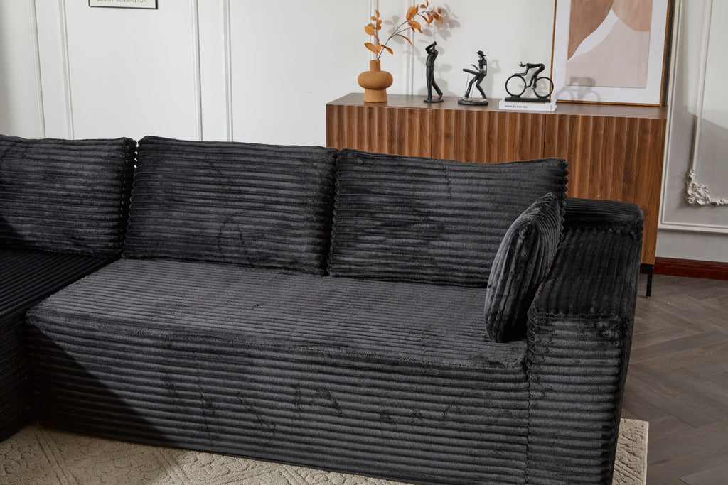 Compression Sectional Couch with Comfy Chaise, Boneless L Shape Sofa with Deep Seat, Minimalist Modular Couches Sleeper for Living Room Bedroom Apartment Lounge,corduroy,Black