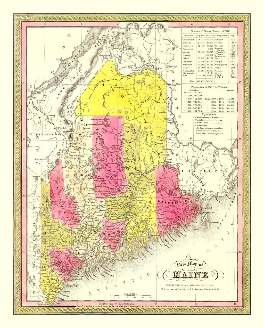Vintage Map of Maine 1847