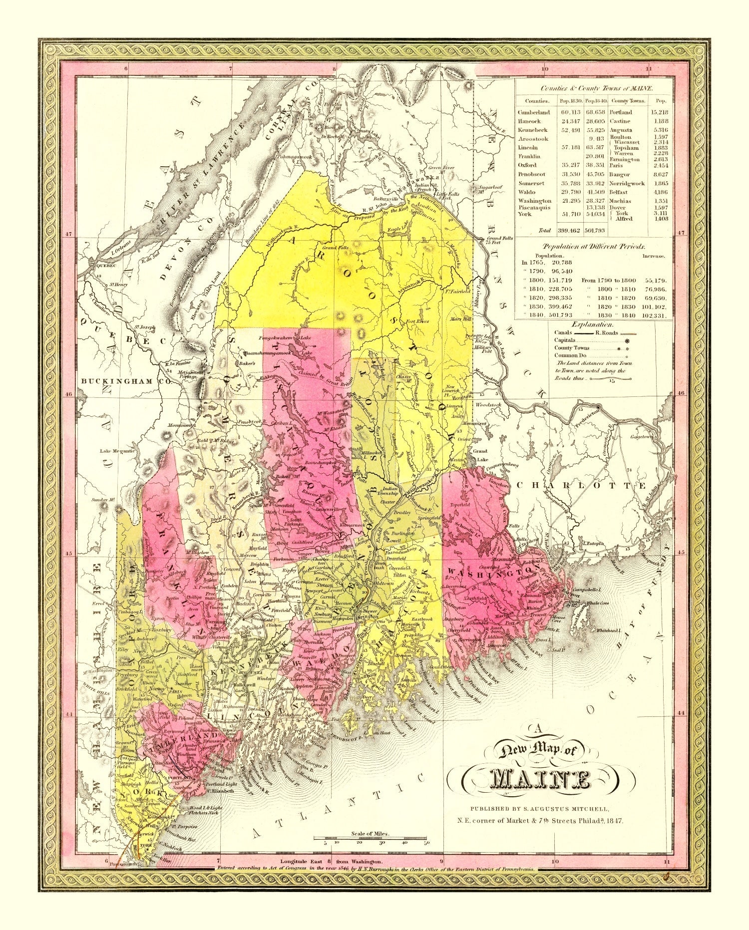 Vintage Map of Maine 1847