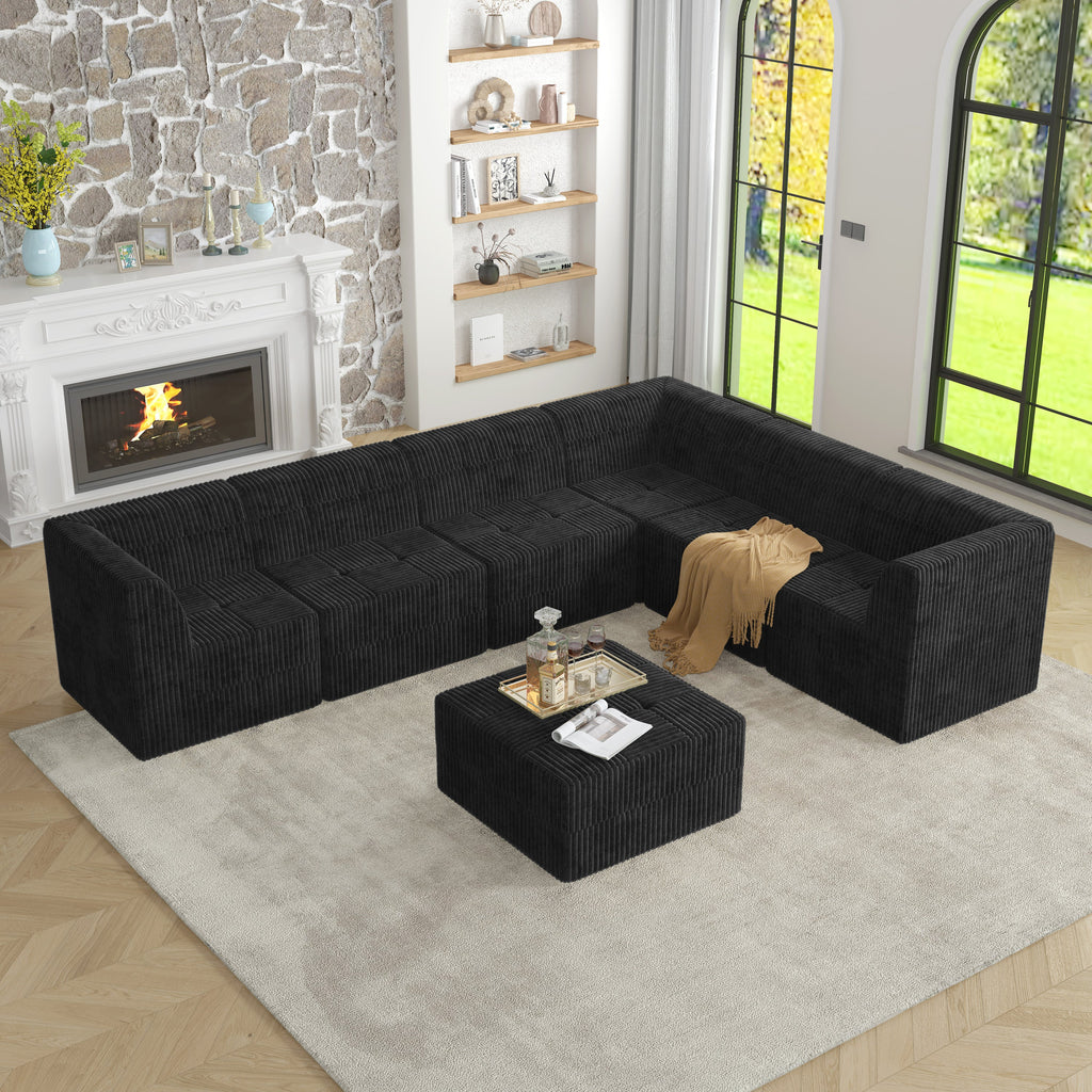 L shape Modular Sectional Sofa,DIY Compressed Sectional Sofa Modern Minimalist Style Corduroy Couch, Sleeper Sofa for Living Room, Bedroom, Comfy Compressed Sofa Couch Space-Efficient Design-black