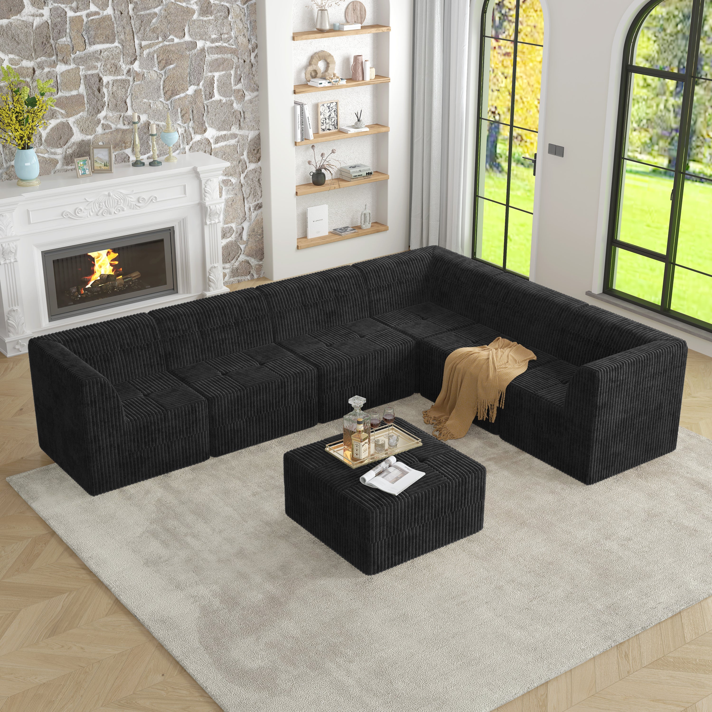 L shape Modular Sectional Sofa,DIY Compressed Sectional Sofa Modern Minimalist Style Corduroy Couch, Sleeper Sofa for Living Room, Bedroom, Comfy Compressed Sofa Couch Space-Efficient Design-black