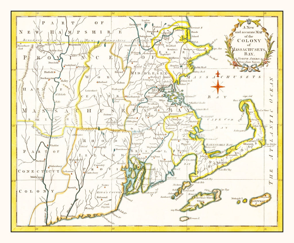 Vintage Map of Massachusetts 1780