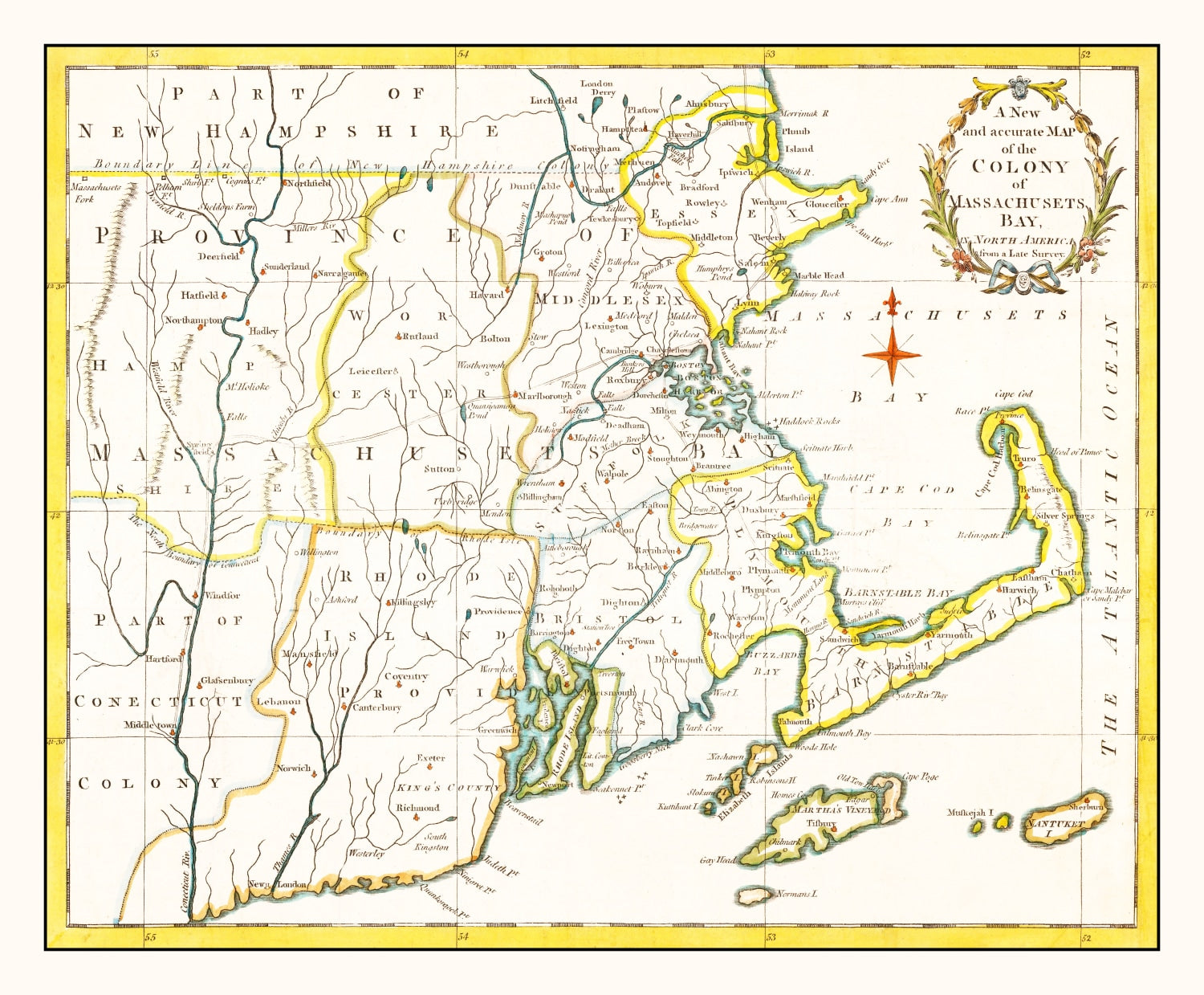 Vintage Map of Massachusetts 1780
