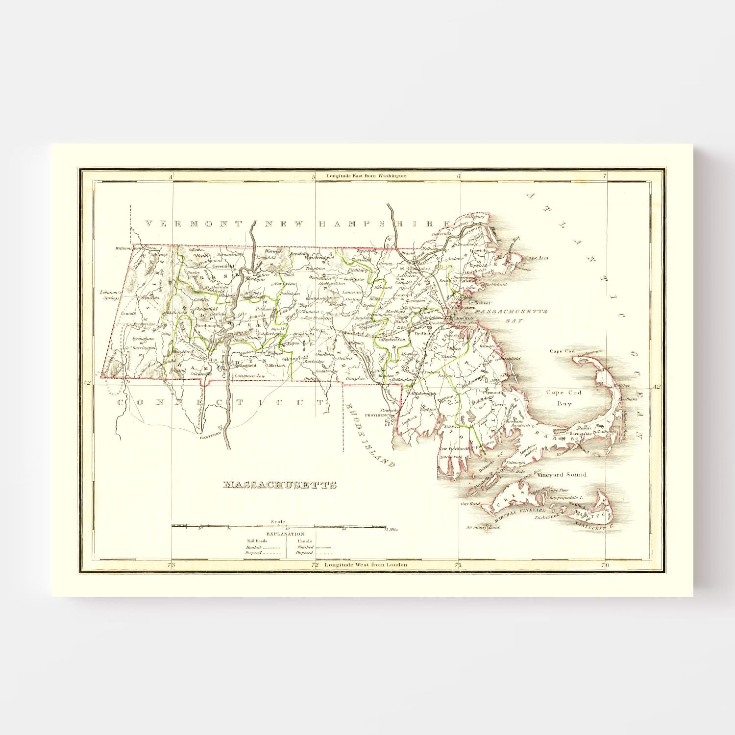 Vintage Map of Massachusetts 1835