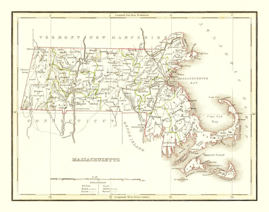Vintage Map of Massachusetts 1835