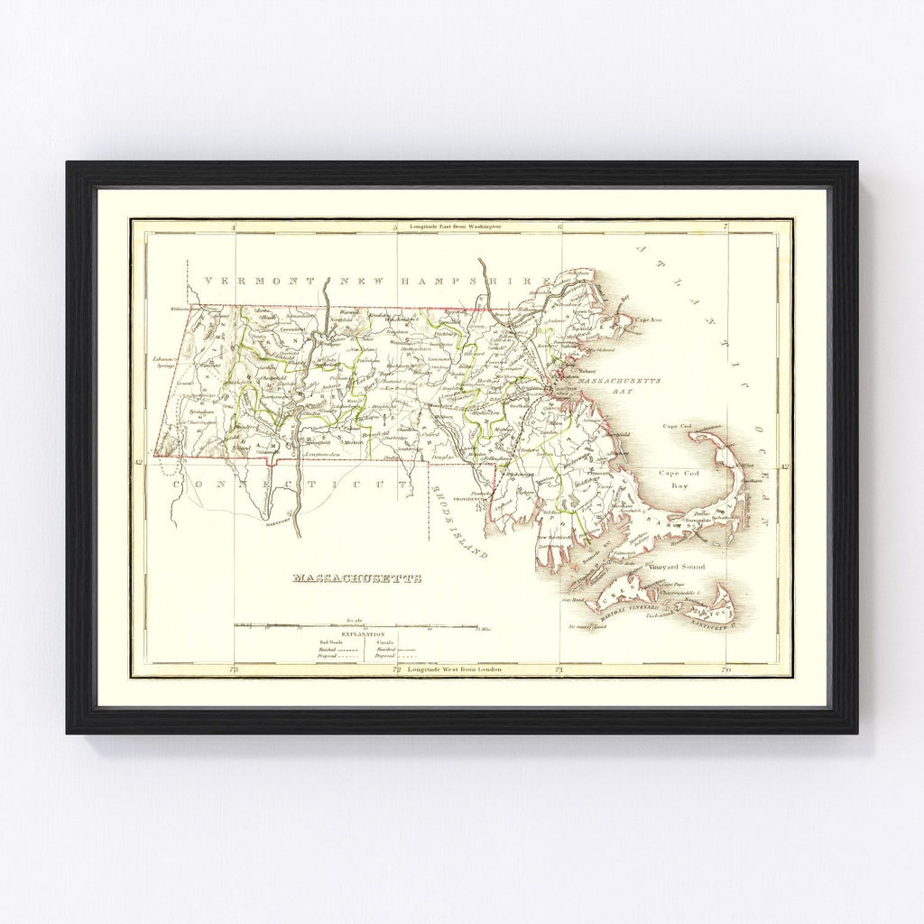 Vintage Map of Massachusetts 1835