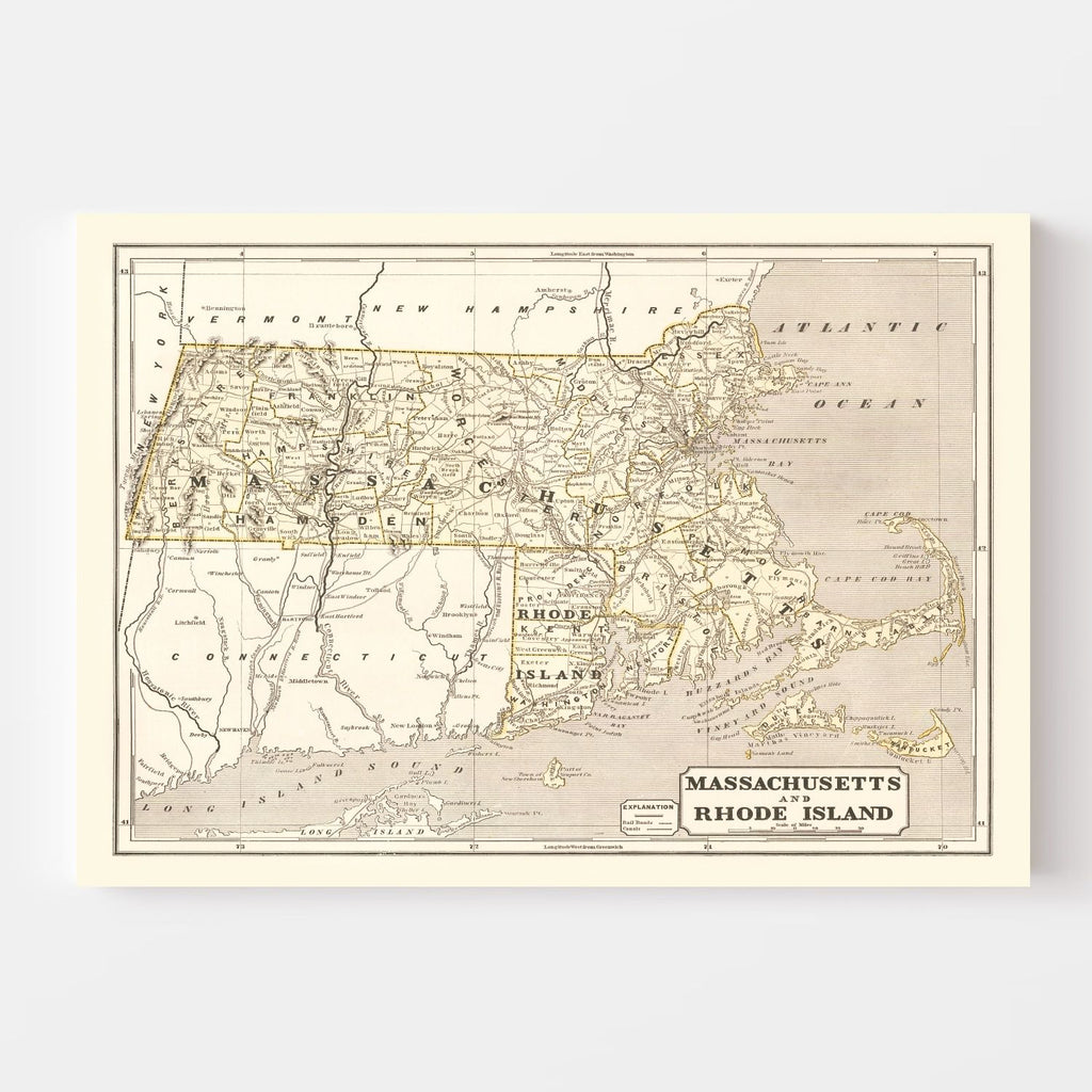 Vintage Map of Massachusetts 1842
