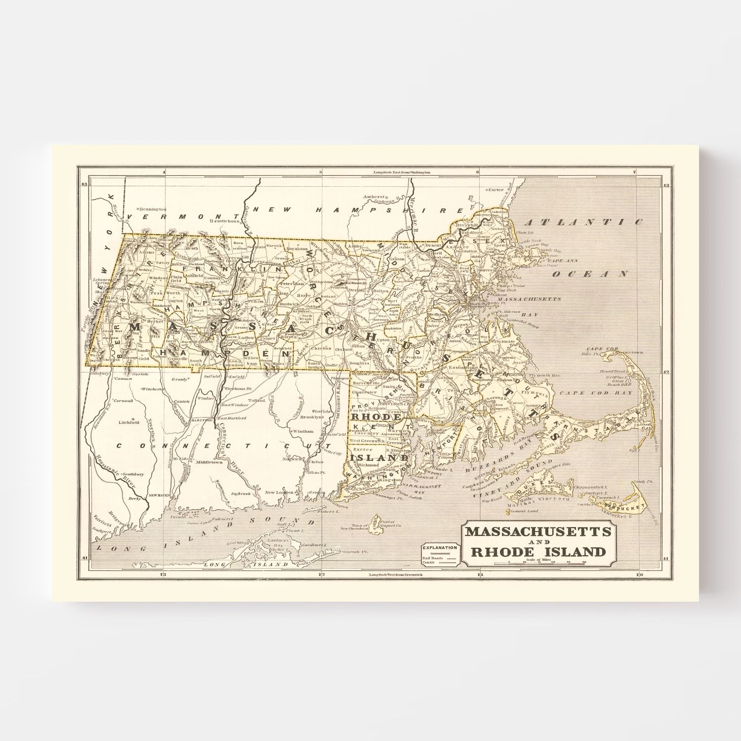Vintage Map of Massachusetts 1842