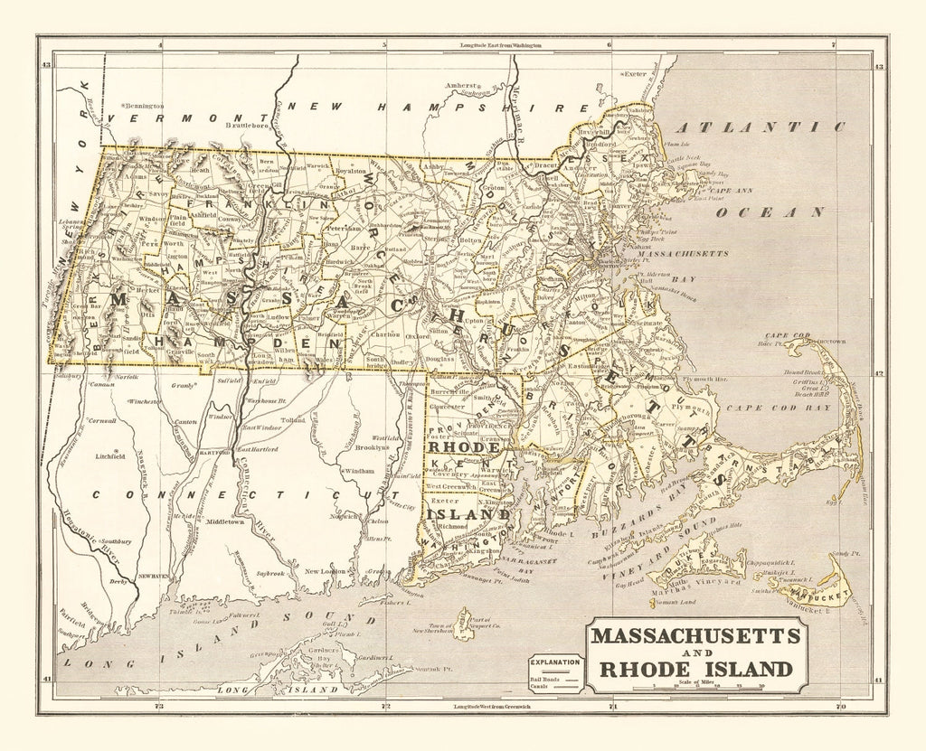 Vintage Map of Massachusetts 1842